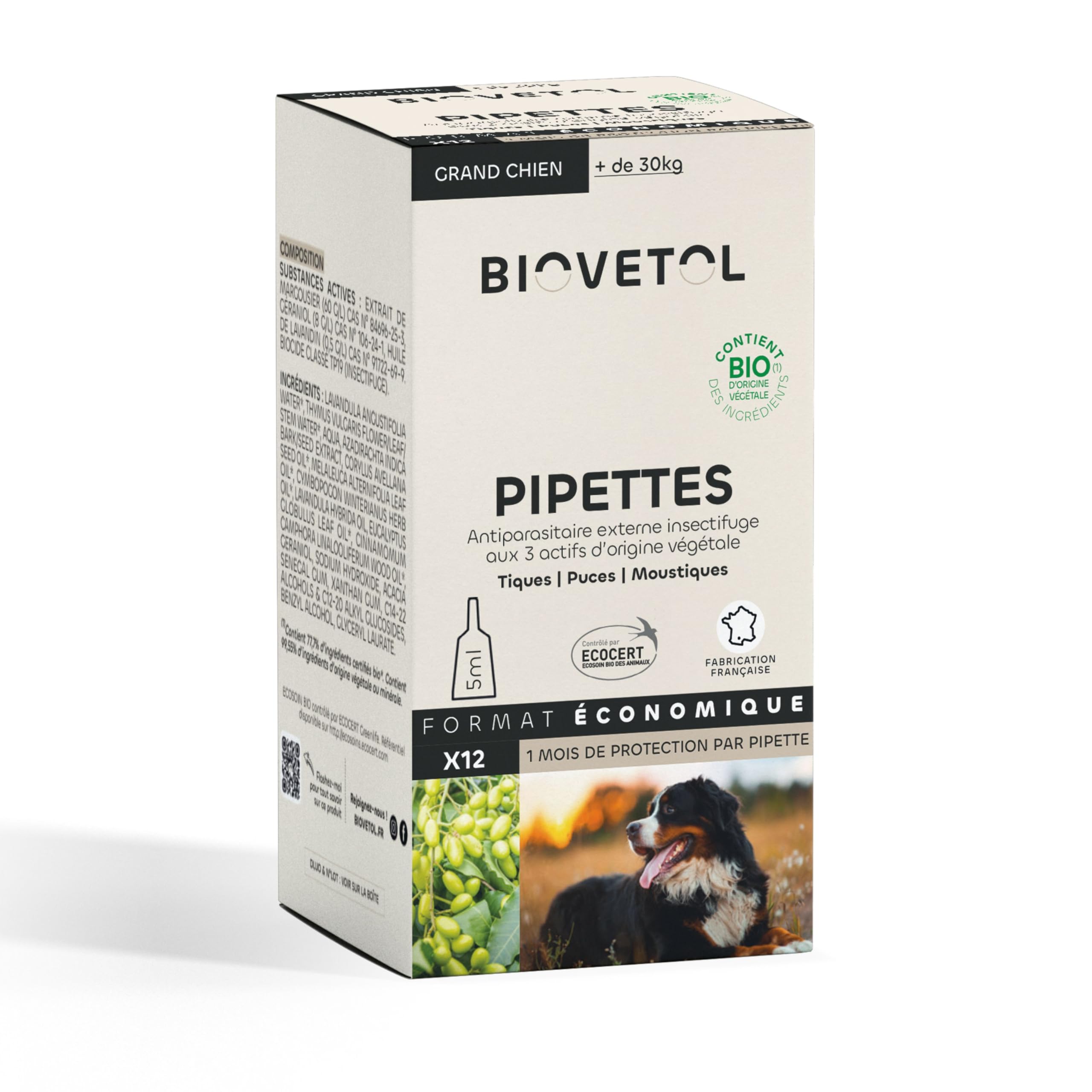 Pipettes anti puces Biovetol pour grand chien boite de 12 pipettes