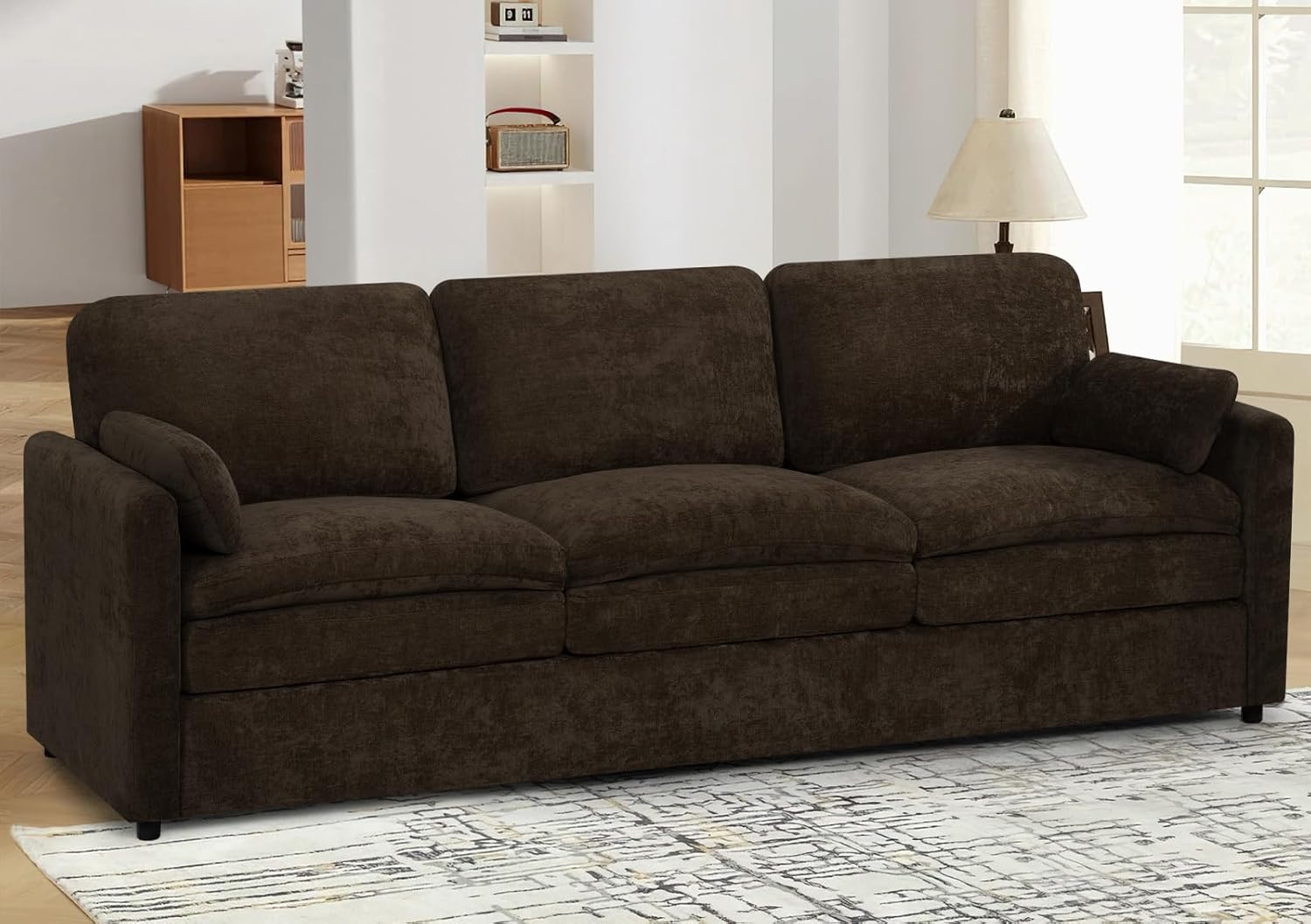 89" Chenille Modern Sofa w/Plump Backrests, 3 Seater Couch w/Soft Pillows, Comfy Upholstered Couch w/Thicker & Deeper Seats for Living Room, Bedroom, Brown - Thumbnail 3