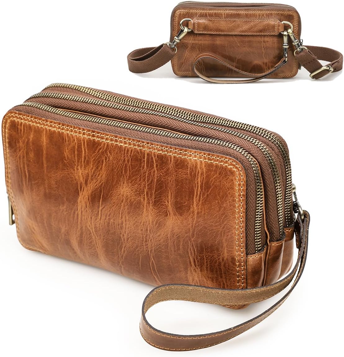 Contacts Wristlet Clutch Purses for Women and Men Full Grain Leather Small Crossbody Bag Clutch Wallet Unisex Shoulder Handbag with 3 Zip Compactments (Camel Brown)
