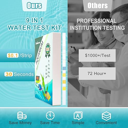 Miniatura 4 de Umlecoa Kit de prueba de acuario 9 en 1 para agua dulce y salada, 100 tiras de prueba de acuario con tubo de ensayo y termómetro, tiras de prueba de