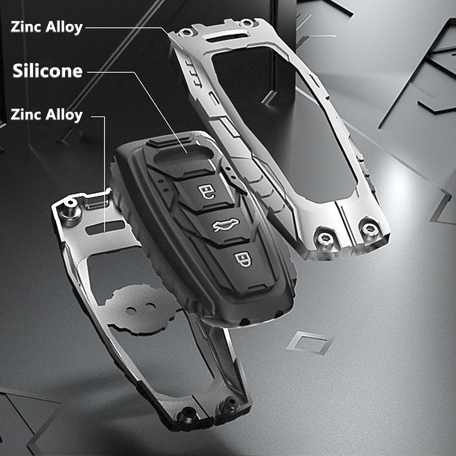 For Audi Key Fob Cover with Keychain,Zinc Alloy Protection Car Key Case Accessories for A1 A3 Q3 Q7 R8 A6L TT TTS Remote Silicone Smart Keyless Keyshell(For Audi Model C Silver)