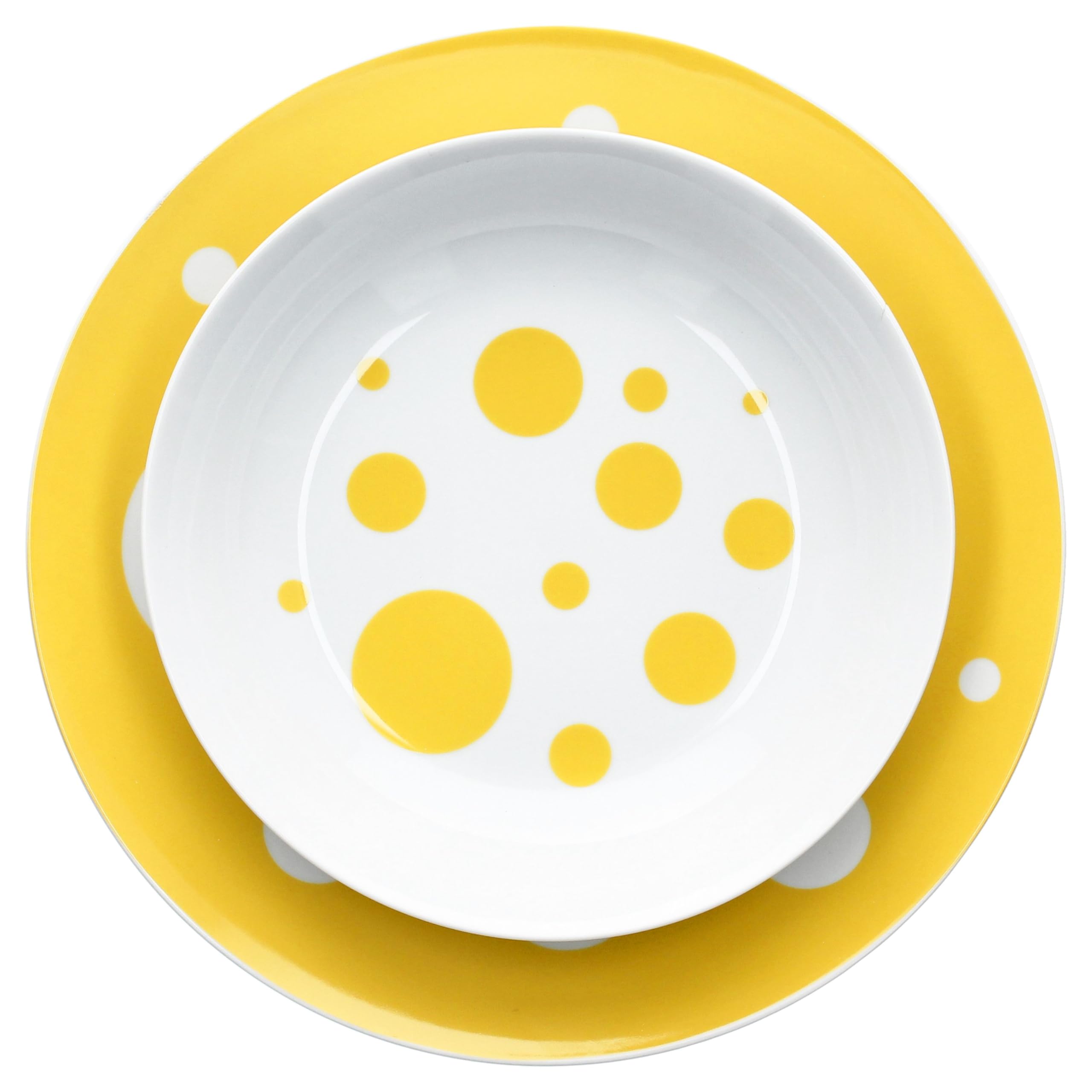 MamboCat Pula Service de table jaune 12 pièces I Vaisselle en porcelaine blanche à pois pour 6 personnes I 6 assiettes creuses & 6 assiettes plates pour petit-déjeuner, déjeuner et dîner