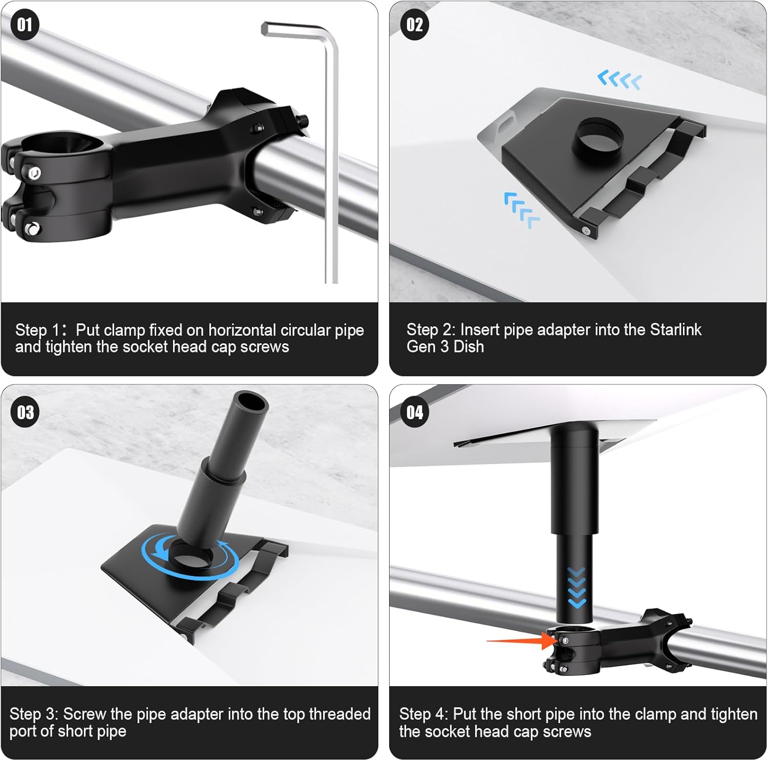 Starlink Gen 3 RV & Ladder Mount Kit - Compatible with Starlink V3 Dish, Includes Pipe Adapter for Horizontal Pipes 1.1’’-1.3’’, Secure Pole & Clamp Installation for RV, Roof, or Wall