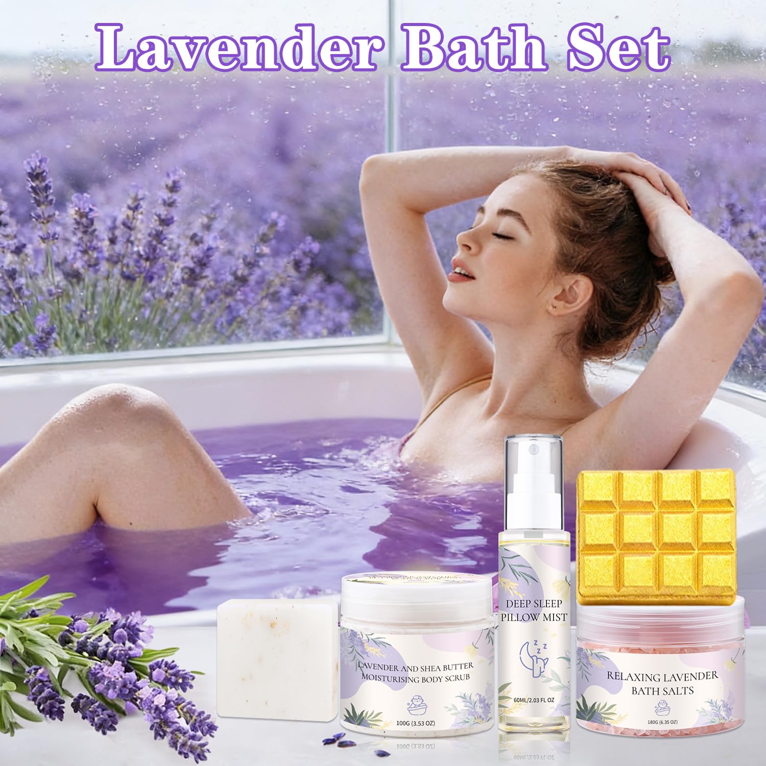Roseye Lavender Spa Gift Set- 5pcs with Bath Salts, Shea Butter Scrub, Pillow Mist, Soap & Bath Bomb, Relaxing Birthday Christmas Gifts for Women, Mom, Sister, Girlfriend, Home Spa Care - Image 3