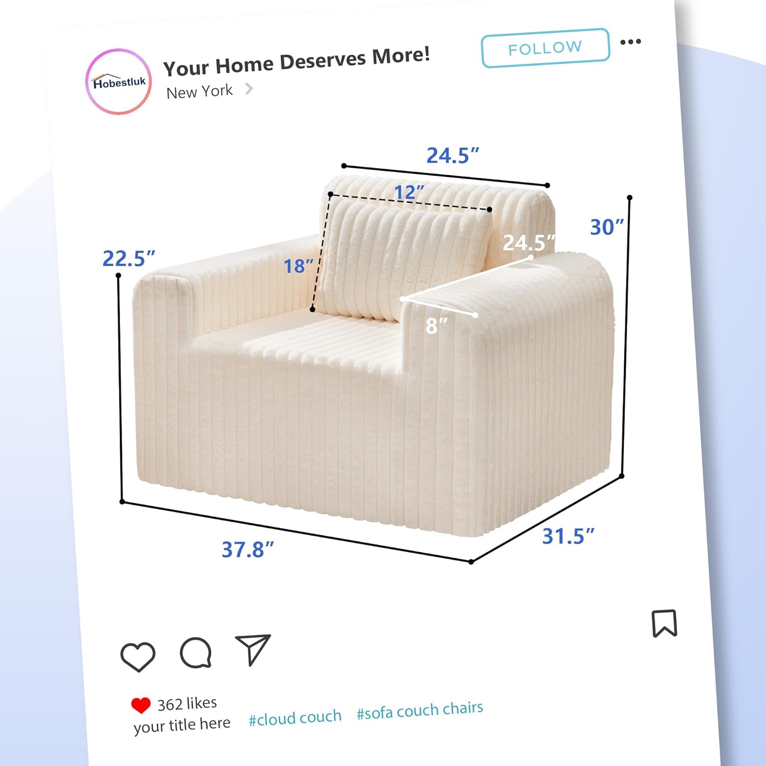 Hobestluk Single Sofa Foam Couch Sofa for Small Spaces Comfy Sofas with Removable Cover Furry Couch with Pillows for Living Room, Bedroom, Apartment, Office (White, Standard) 1 71ZkYRZTMTL. AC SL1500