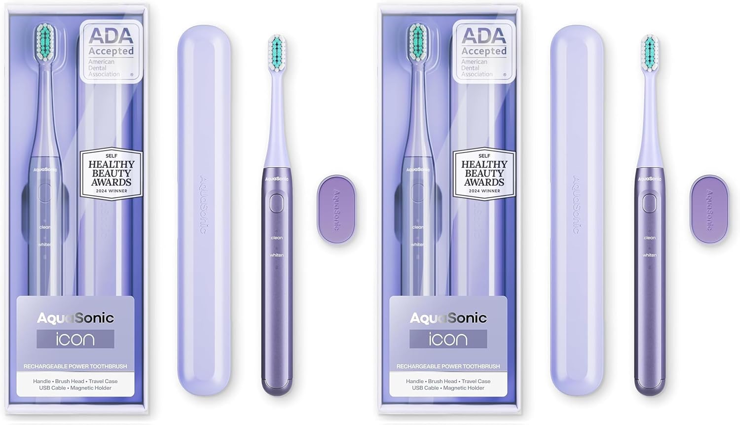 Aquasonic Icon ADA-Accepted Rechargeable Toothbrush | Magnetic Holder & Slim Travel Case | 2 Brushing Modes & Smart Timers | Gentle Micro-Vibrations (Lilac) (Pack of 2)
