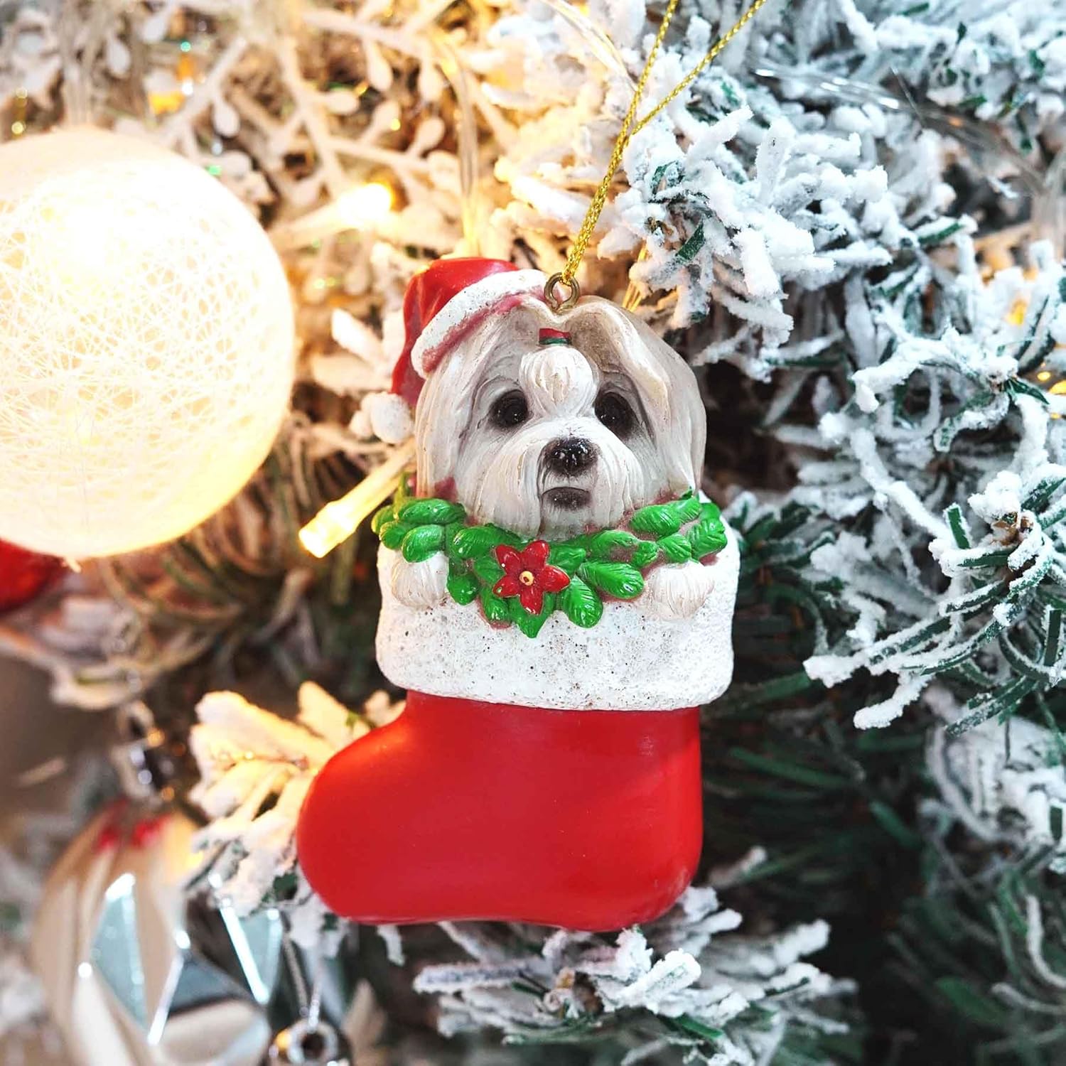 Maltese Dog Christmas Ornament – Cute White Dog in Stocking with Gold Hanging String, Resin Pet Figurine for Christmas Tree Decorations, 2025 Animal Ornaments - Image 9