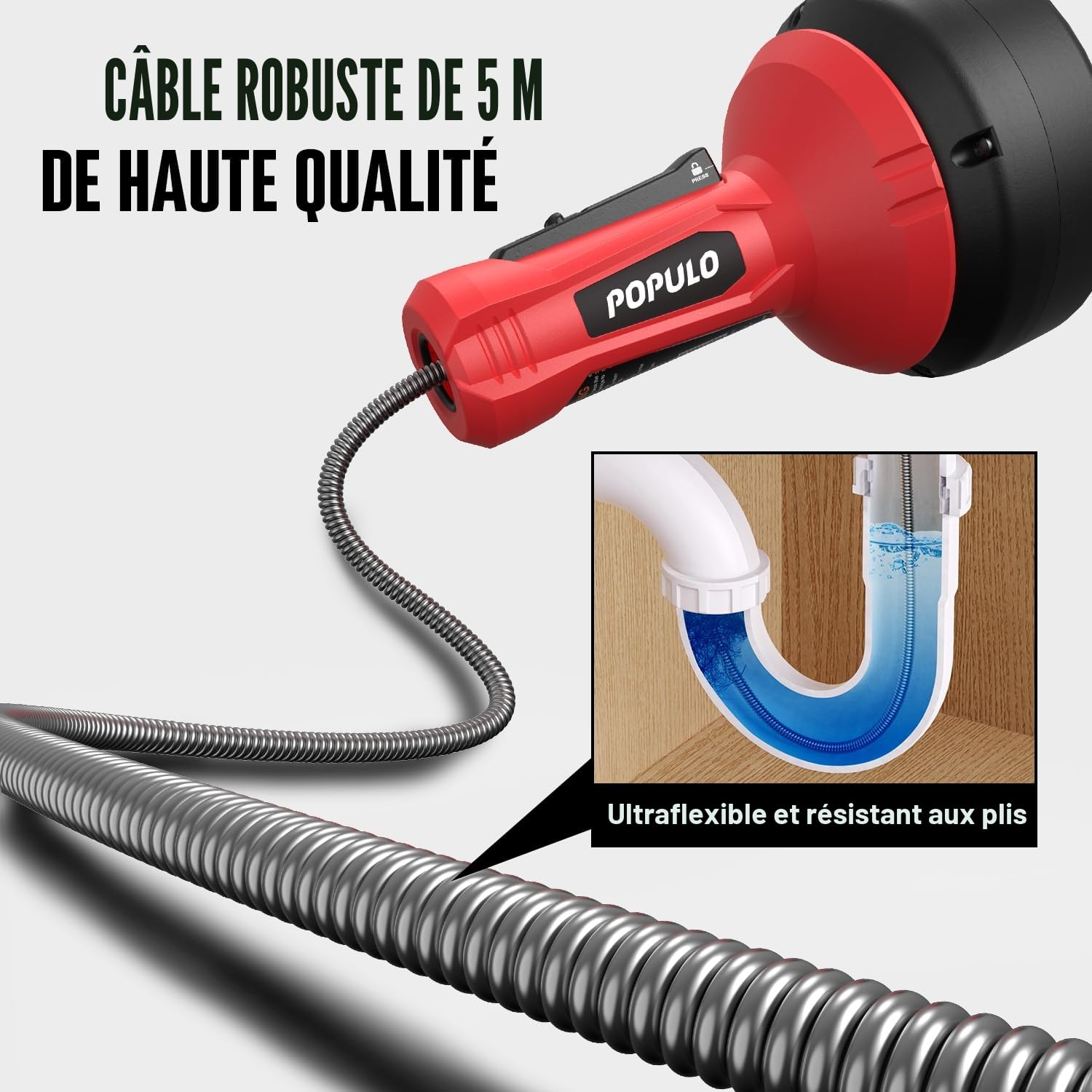 POPULO Déboucheur de canalisation, Furet Déboucheur de Canalisation à alimentation automatique pour déboucher les canalisations, 5m outil de nettoyage manuel pour douche, baignoire, cuisine et évier