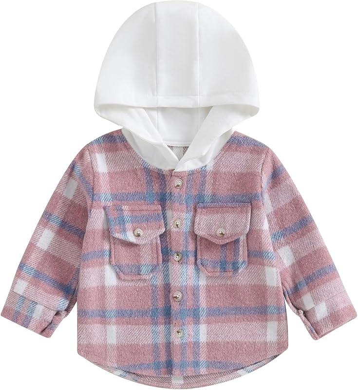 Amiblvowa Toddler Baby Boy Girl Fall Winter Clothes Flannel Hooded Plaid Shirt Jacket Button Down Shacket