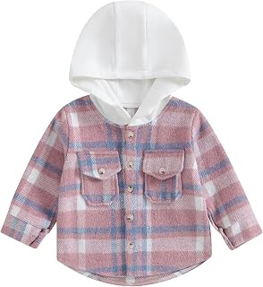 Amiblvowa Toddler Baby Boy Girl Fall Winter Clothes Flannel Hooded Plaid Shirt Jacket Button Down Shacket