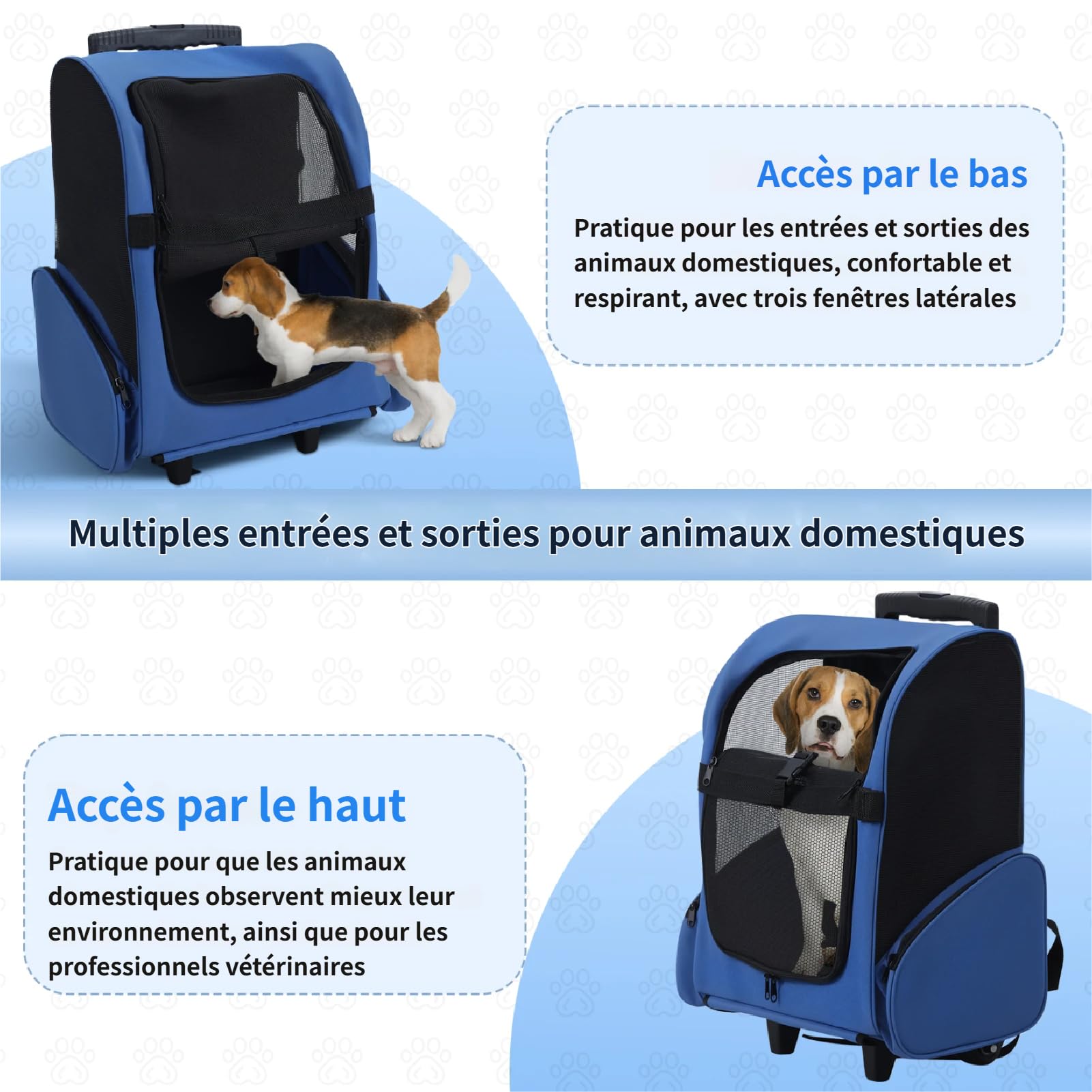 Sac à Dos à roulettes pour Chiens/Chats Supporte 15 kg, Sac à Dos de Transport pour Chien/Chat avec poignée télescopique, Trolley pour Petit et Moyen Chats et Chiens (Bleu Royal)