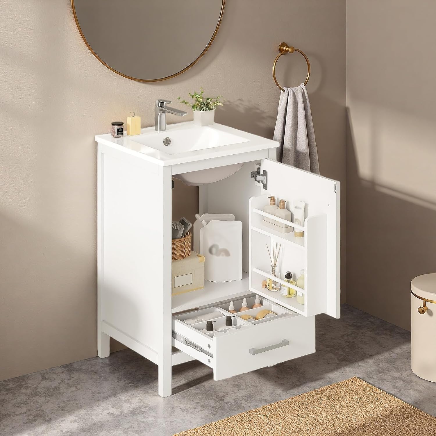 30" Freestanding Bathroom Vanity with Sink, Floor Stand Bathroom Storage Cabinet with Ceramic Sink, Doors with Double-Layered Storage Shelves, Modern Compact Vanity with Divided Drawer, Blue