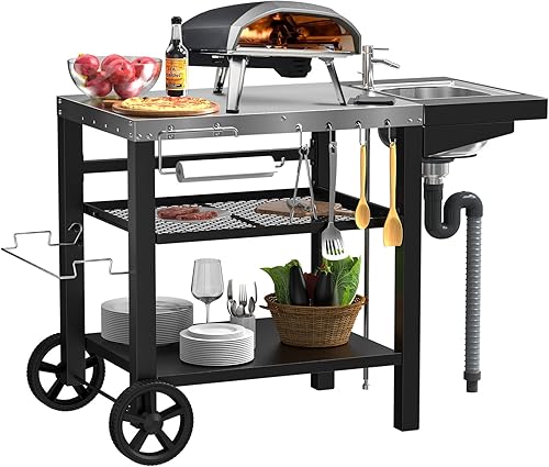 Miniatura 7 de Carrito de mesa para parrilla al aire libre, carrito de comedor móvil, soporte de mesa para horno de pizza con ruedas, mesa de trabajo y preparación