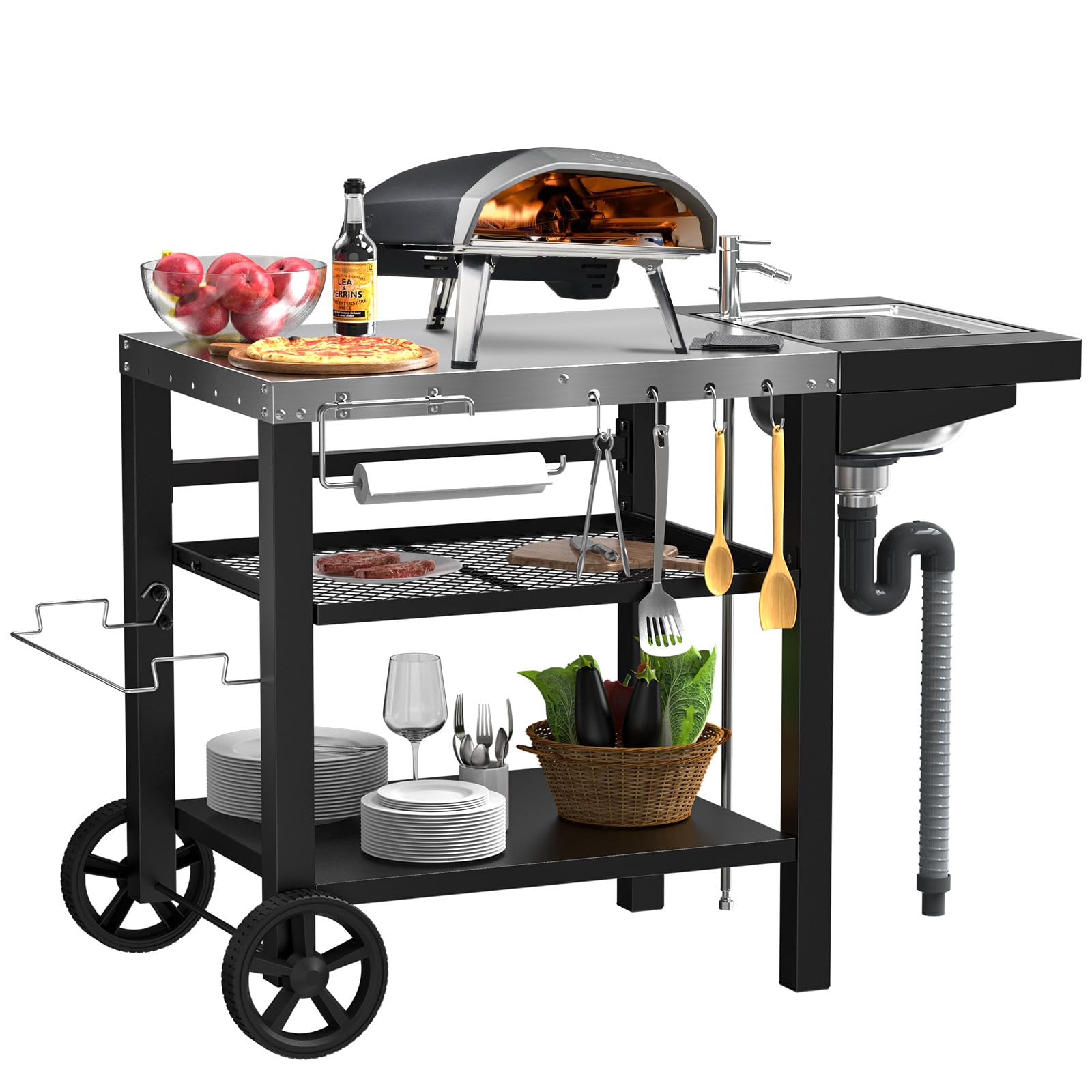 GFTIME Carrito de barbacoa de 107 x 63 x 81 cm, con fregadero de Woofire, para hornos de pizza, para barbacoas al aire libre, resistente a la intemperie, para hornos de pizza, para Weber Q1000
