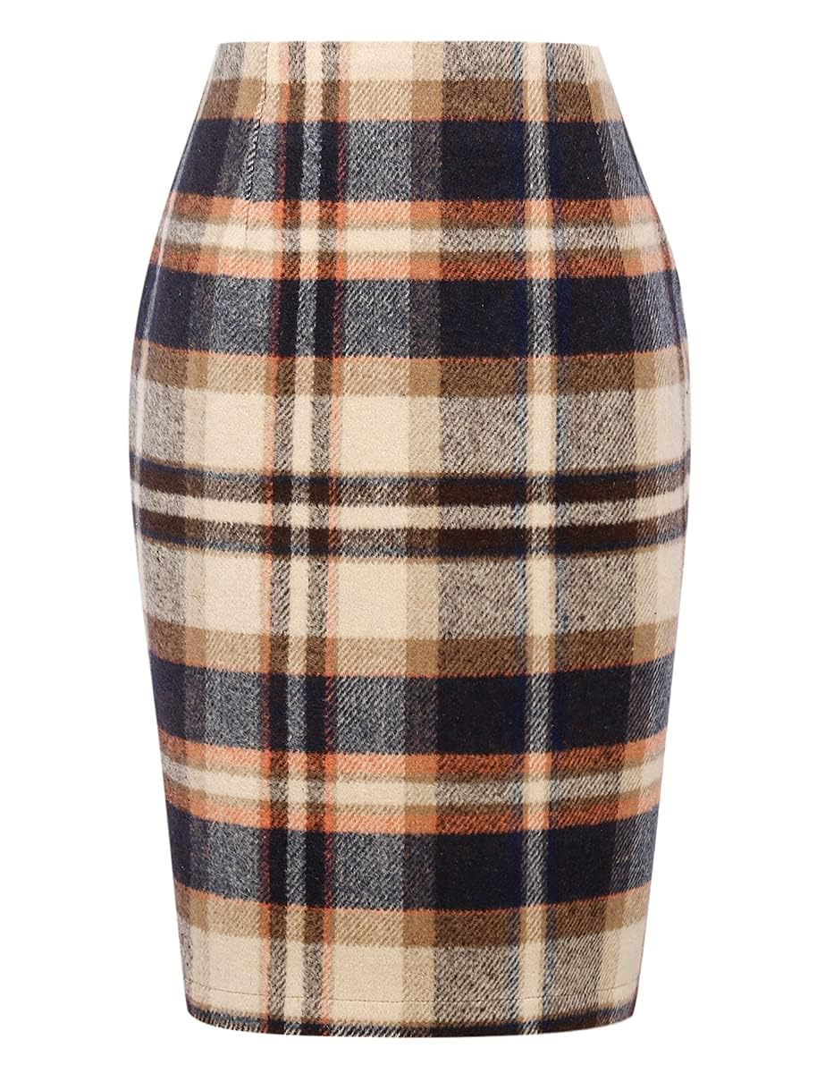 IDEALSANXUN Pencil Plaid Skirts for Women Autumn Winter High Waist Fitted Knee Length Wool Midi Skirt with Slot, Brown 01, XL