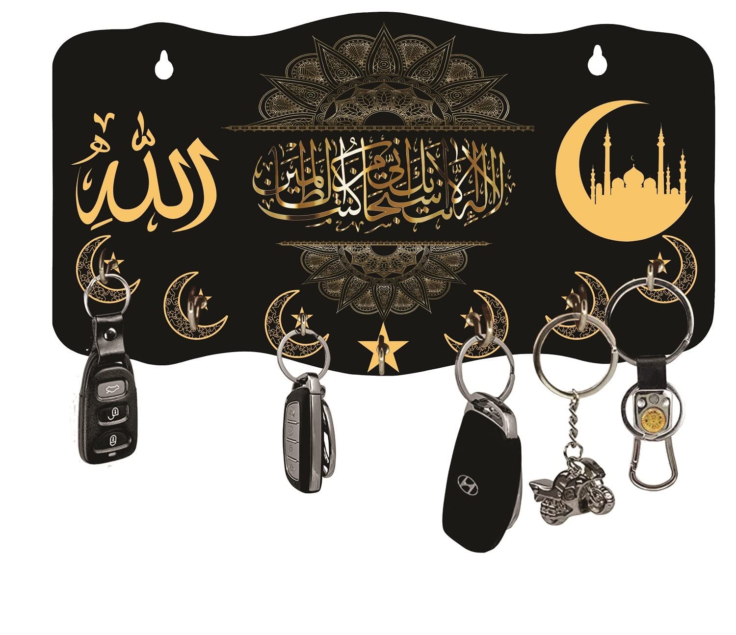 Allah Hand Painted Wooden Key Holder for Home_Office_Door and_ for Gifting_No. of Hooks-7, (Size - 26.5cm x 19cm) Multicolor (Golden) (Golden)-image-27