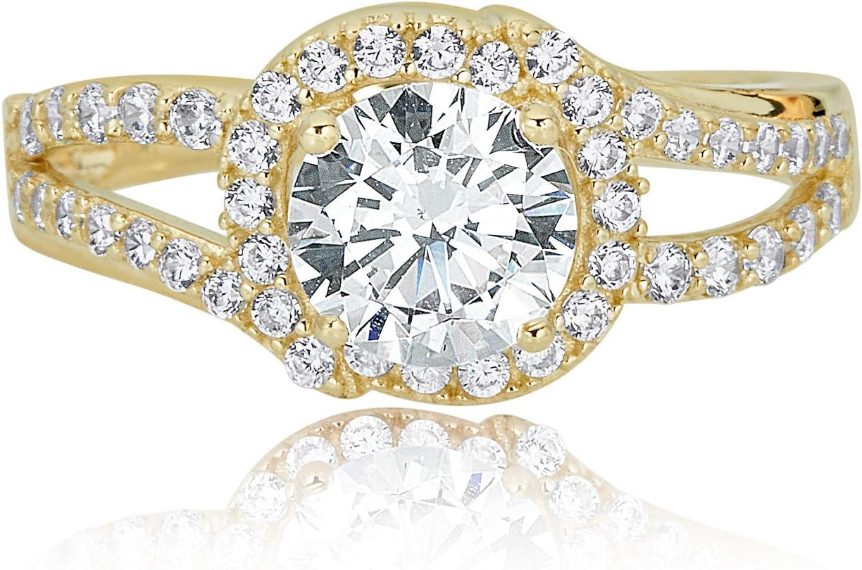 AVORA 10K Yellow Gold 1.25 Carat Simulated Diamond CZ Halo Engagement Wedding Anniversary Ring
