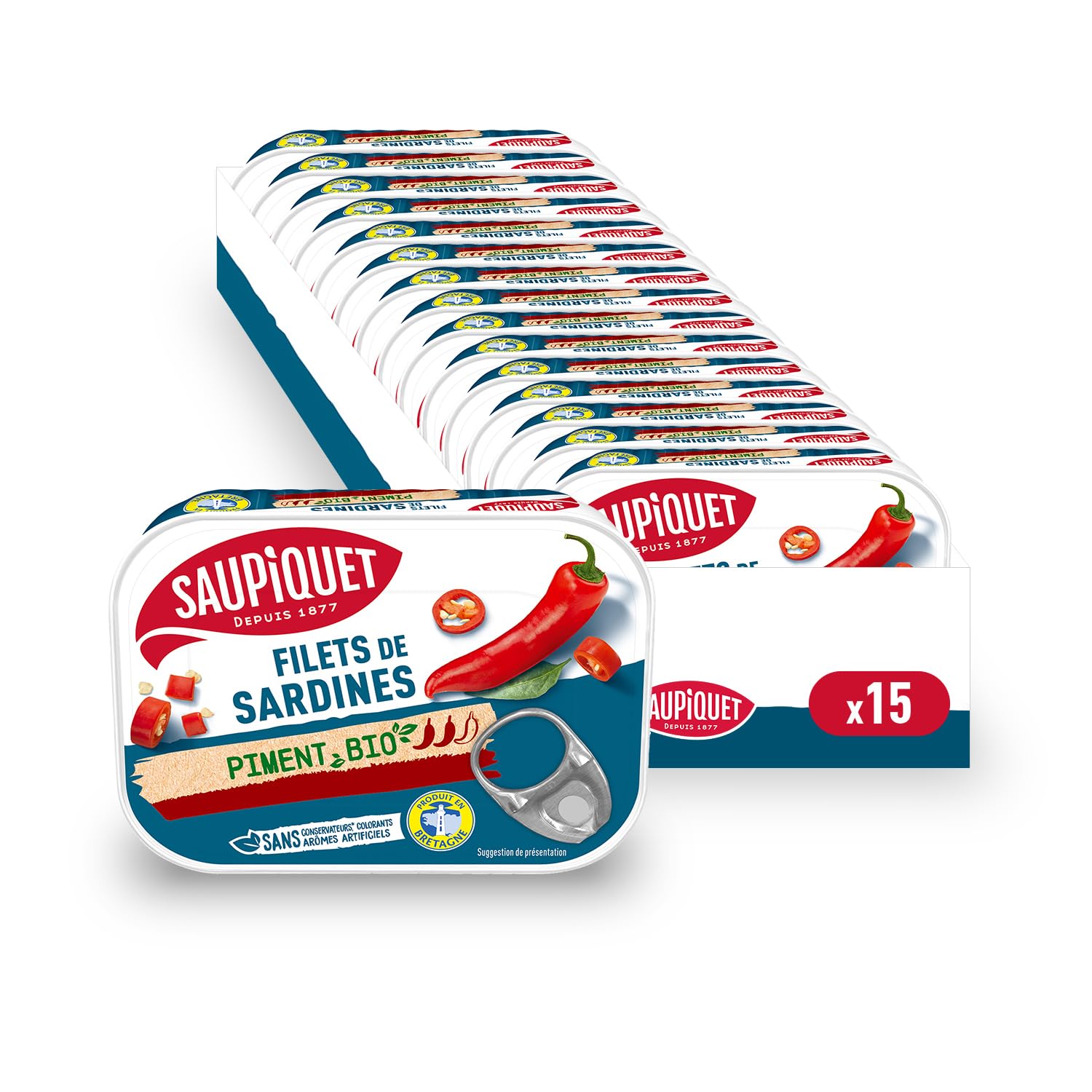 SAUPIQUET - Filets de Sardines au Piment Bio - Sans Arêtes - Sans conservateurs, colorants ni arômes artificiels - Issus d'une Pêche Traçabilité Garantie - 15 Conserves (100 g)
