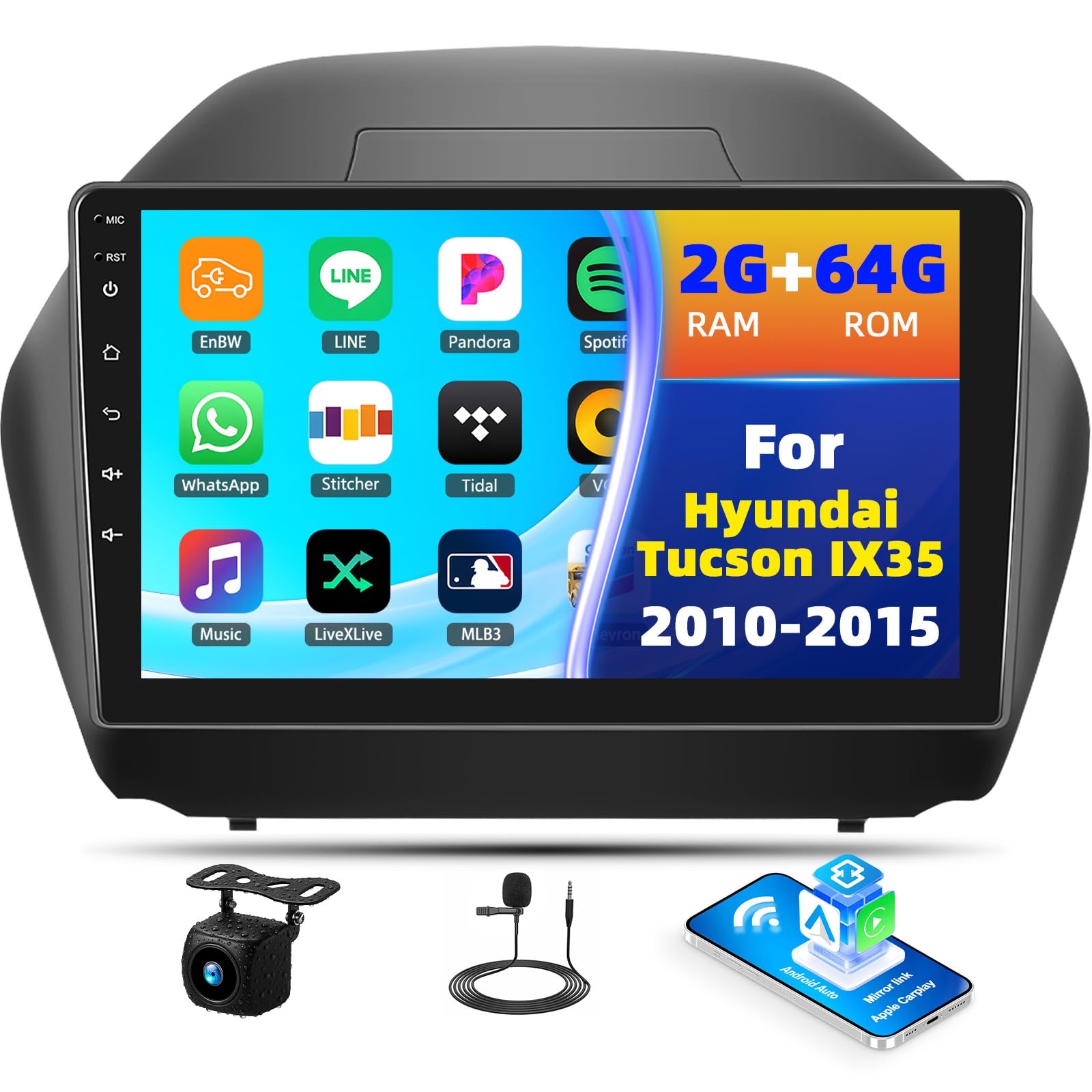 4 Core+64G Car Radio Stereo for Hyundai Tucson IX35 2010-2015,Android 13 Wireless Carplay Android Auto,10.1 Inch Touchscreen Car Radio with GPS WiFi Bluetooth FM/RDS EQ SWC Dual USB/AUX-in