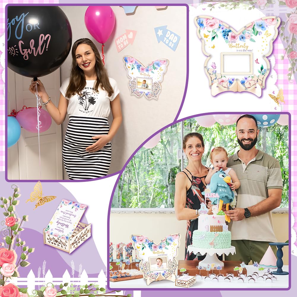 Peacoblue Gästebuch-Alternative für Babyparty 73-tlg Holz Schmetterling-Erinnerungsset mit Rahmen, Erinnerungsbox und Unterschriftsstücken Holzrahmen Taufe Alternative Gästebuch für Geburtstag