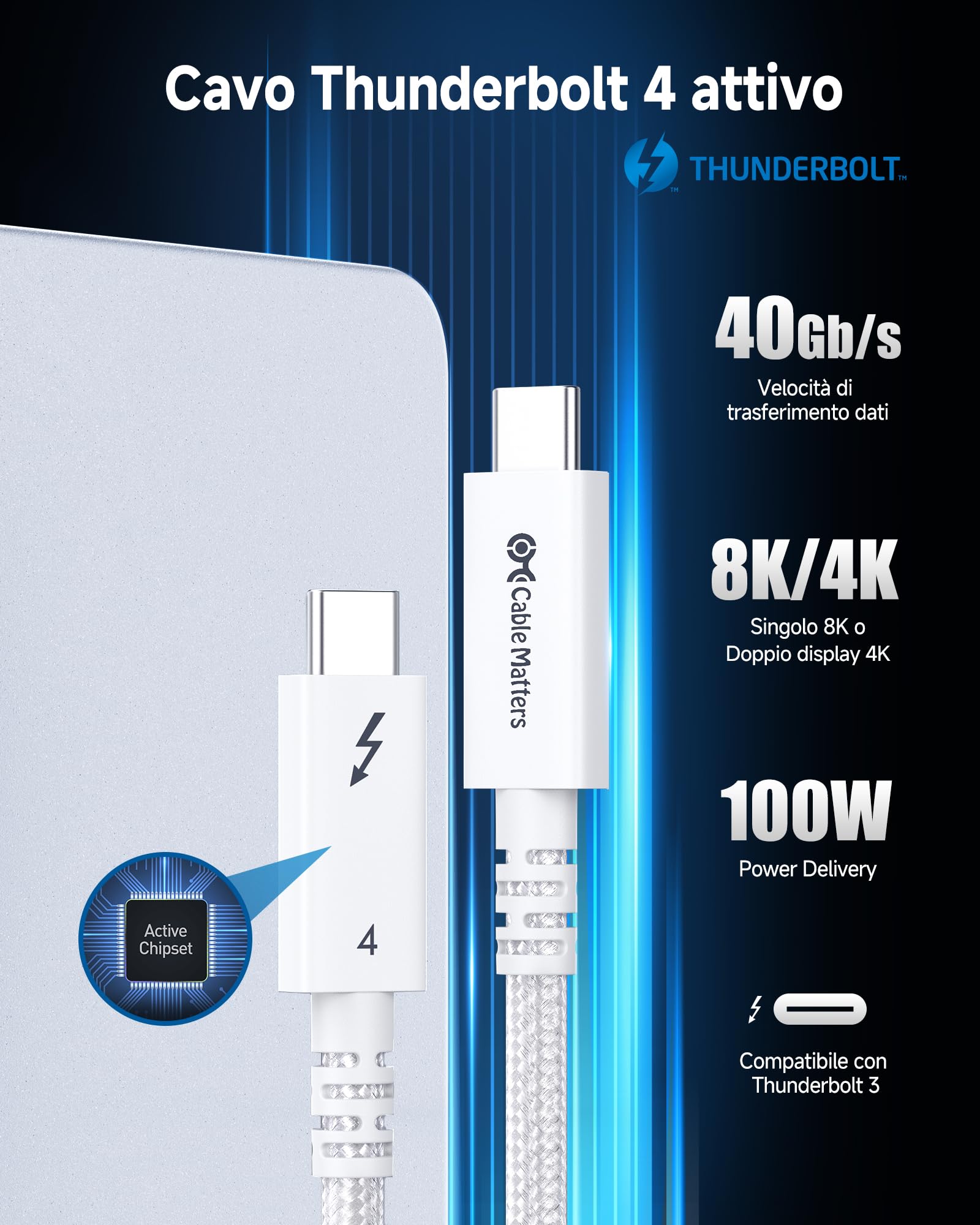 Cable Matters [Certificato Intel] Cavo Thunderbolt 4 attivo 40 Gbit/s, 2 m | Intrecciato, 8K@60Hz / 4K@240Hz video, 100 W ricarica, 40 Gbit/s, Bianco, Attivo, Per Thunderbolt 3, USB4 e USB-C