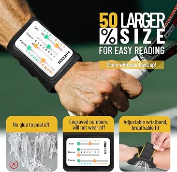 Hikeen Big Screen Score Keeper for Tennis Racket and Padel,Adjustable Wrist Strap Score Board for Recording Points,Games and Sets - Glue-Free, Lightweight, Laser Engraved Numbers