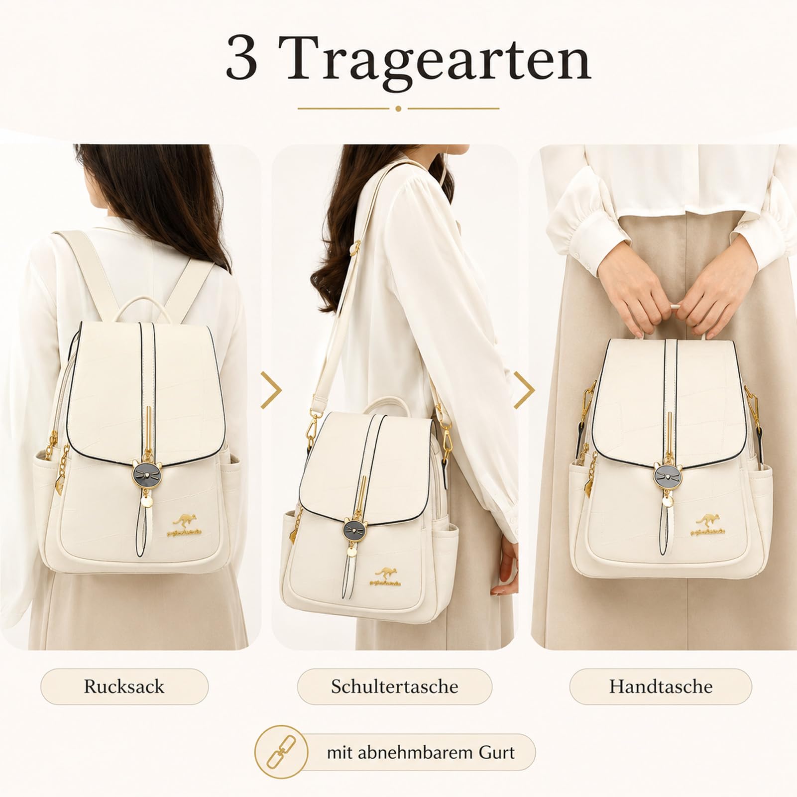 Drawelry Mode Damen Rucksack Schultertasche Handtasche mit Abnehmbar Schultergurt Tagesrucksack Hochwertiger PU-Leder Patchwork Reisetasche, Frauen Freizeit Vielseitiger Backpack Geschenke (Weiß)