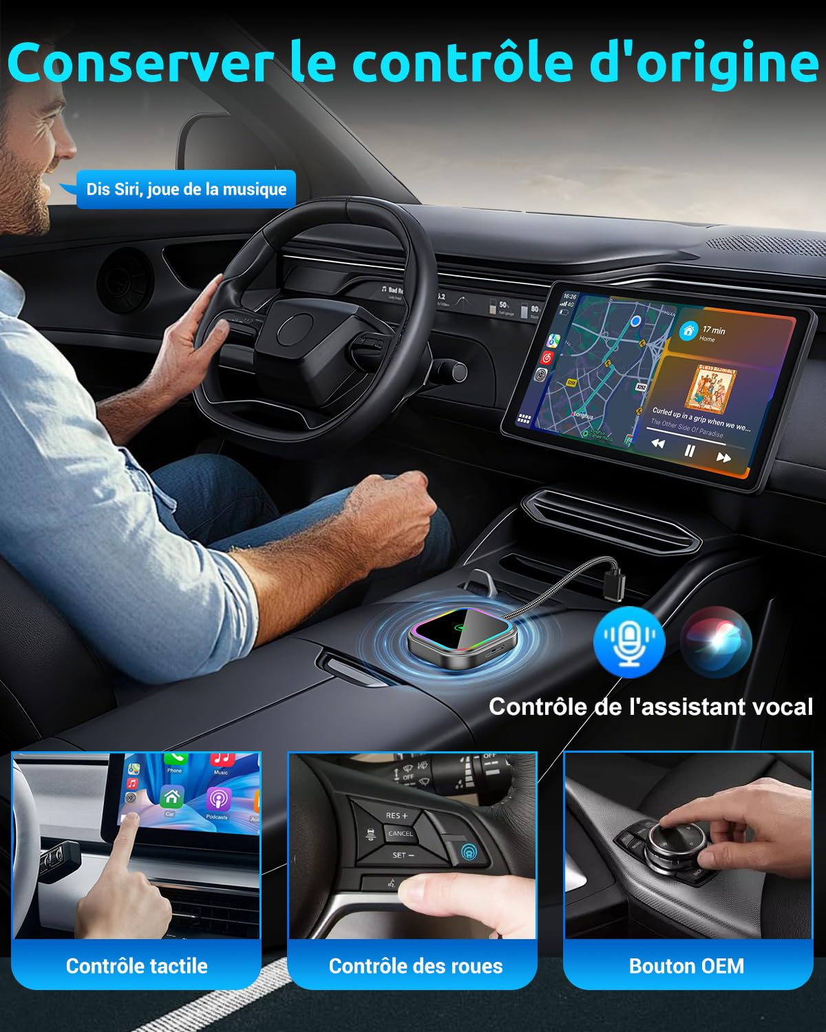 ESSGOO Mini Adaptateur sans Fil pour Apple CarPlay/Android Auto, 2 en 1 Adapter CarPlay sans Fil Bluetooth avec Prise USB A/C,Compatible avec iOS 10+ et Android 11+,RGB à Commande Vocale,Plug and Play