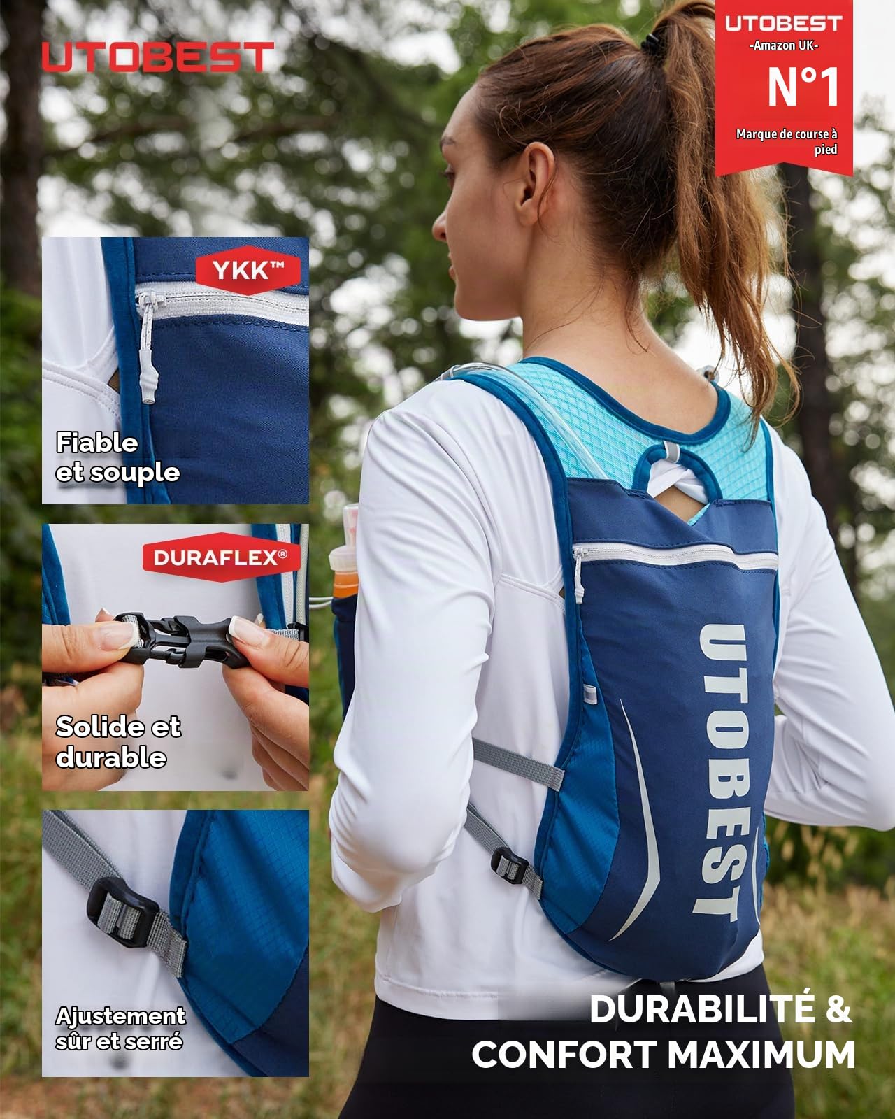 UTOBEST Gilet de Course, Gilet Hydratation Léger 5L UTR104 | 7 poches, grand support telephone, ajustement confortable, sans rebond, OSFM, mixte, trail, park run, marathon