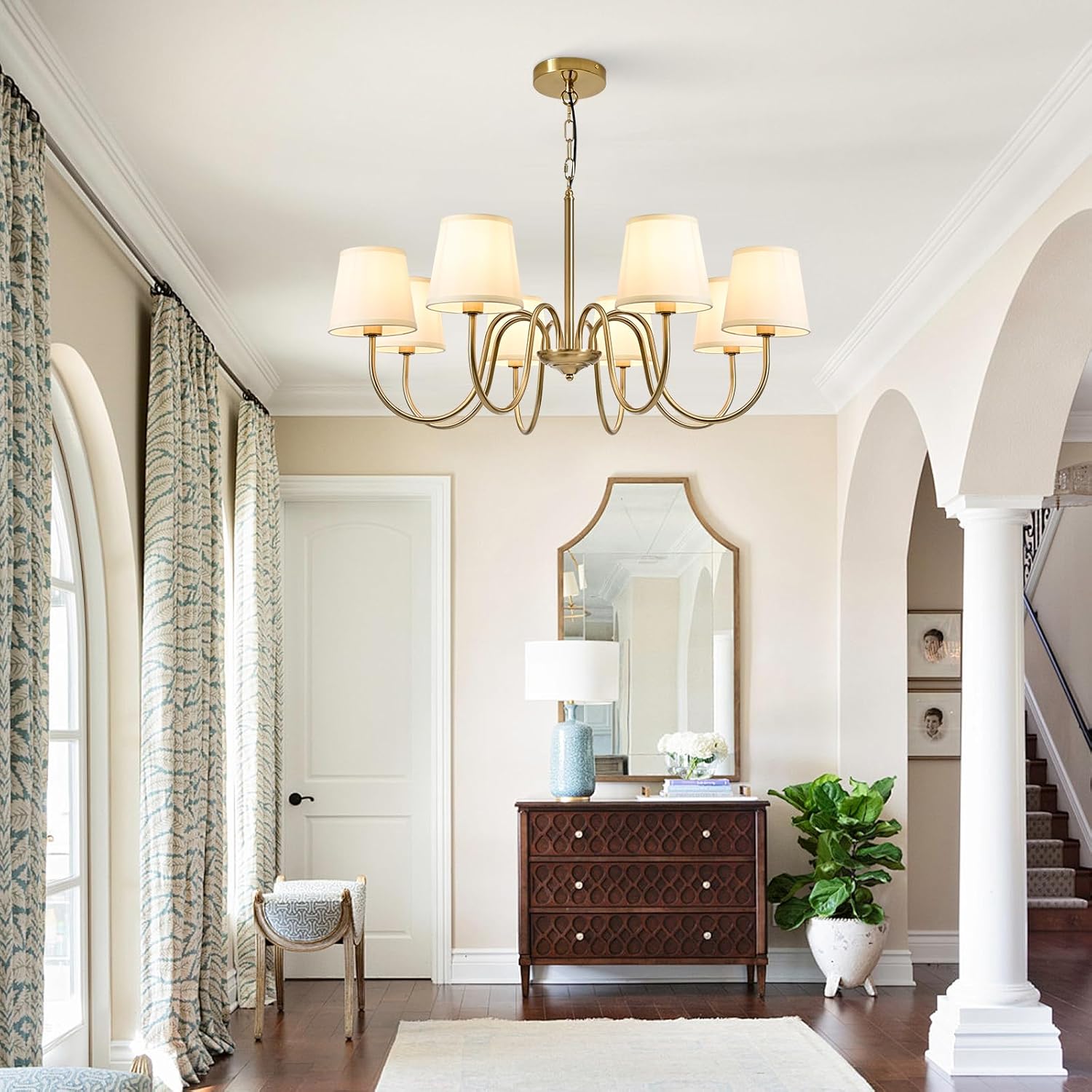 Brass Chandelier 8-Light Gold Pendant Light with Fabric Shades 34.65" Adjustable Metal Candle Ceiling Light Fixture for Dining Room Living Room Foyer Bedroom