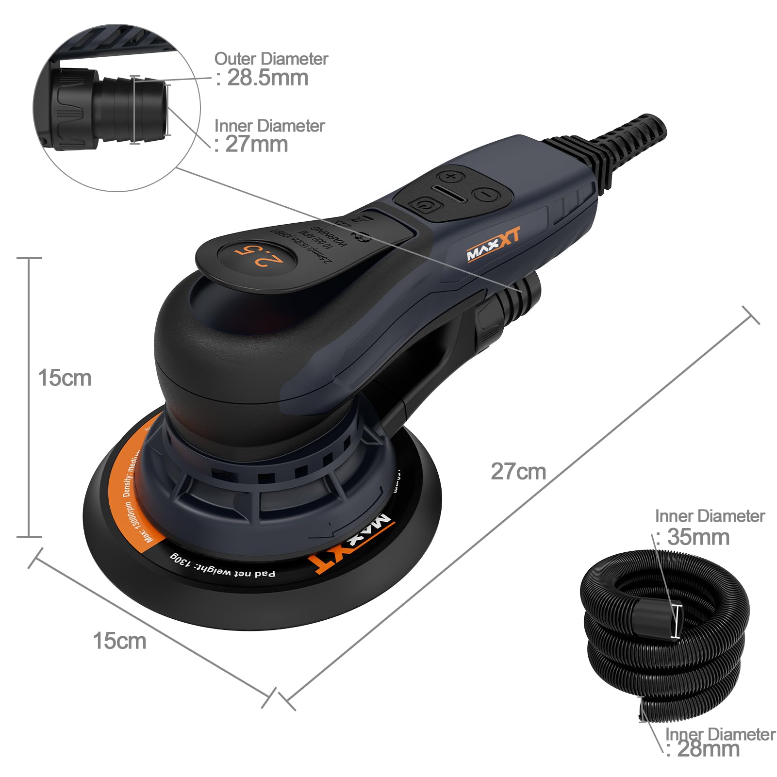 MAXXT 2,5mm Levigatrice orbitale, 350 W 6 Velocità Variabili 4000-10000 RPM levigatrice rotorbitale, senza spazzole, levigatrice elettrico utilizzata per la lucidatura del legno
