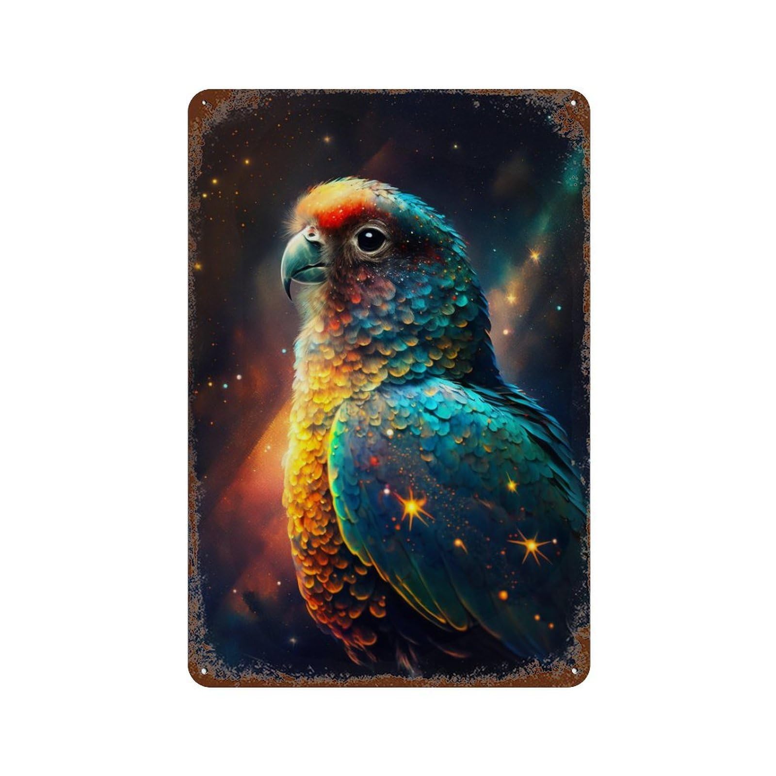 Garage Style Cosmic Parrot Art Print-4 Rust Effect Tin Sign 11.8"x7.9", Shabby Chic Decor for Bar And Workshop