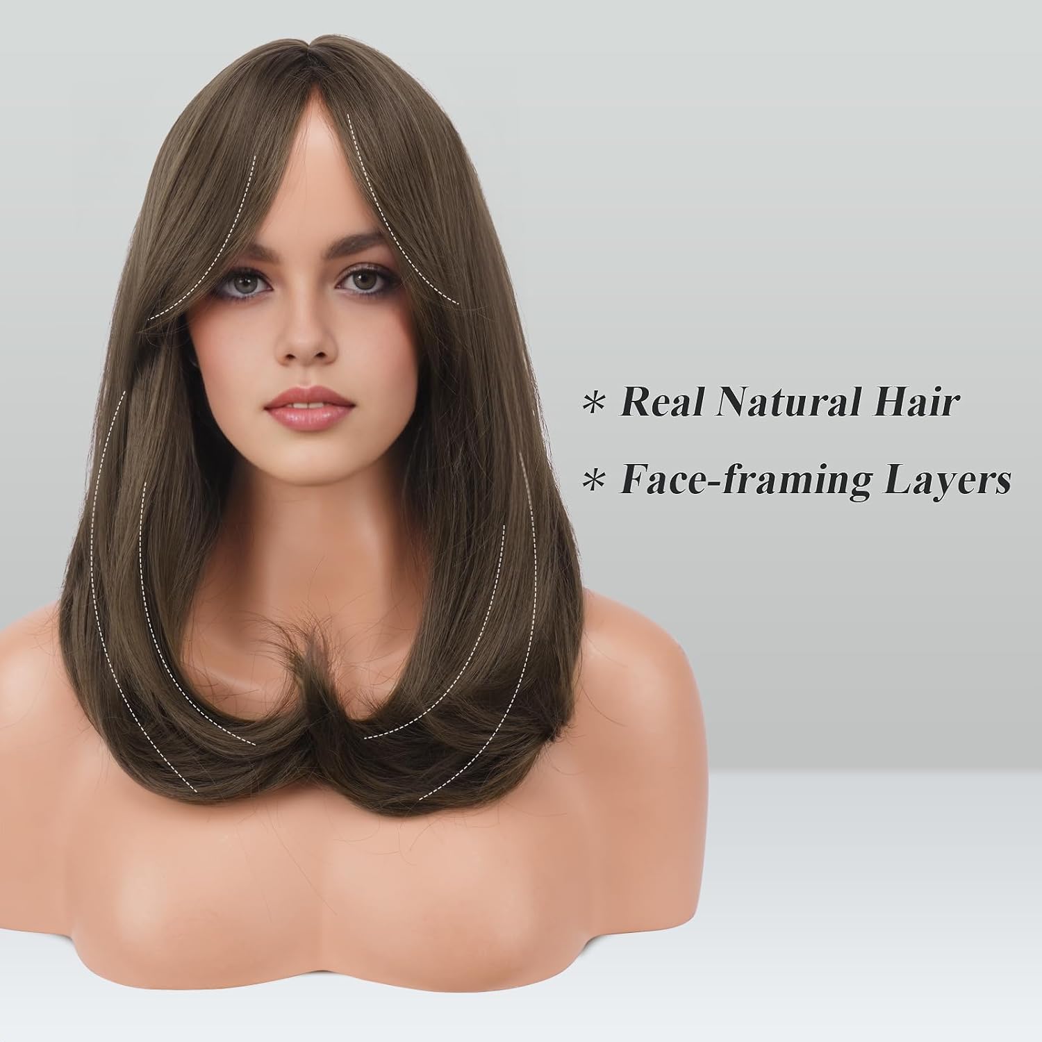 FESHFEN Medium Brown Wigs with Bangs, Synthetic Natural Looking Long Layered Straight Hair Wig for Women Daily Party Use, 18 inch - Image 2