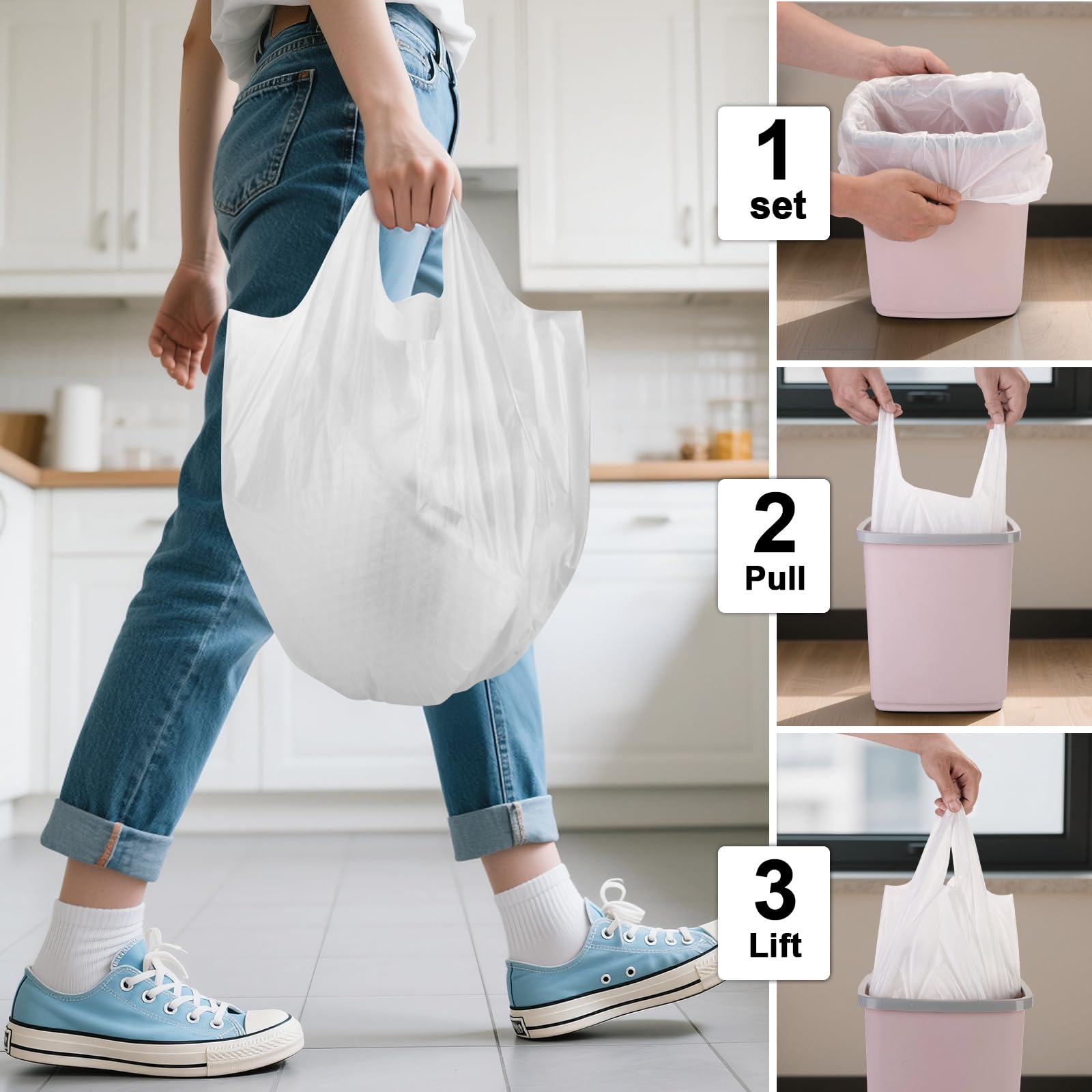 Mini bolsas de basura de 1.6 galones para baño, con asas, pequeñas bolsas de basura blancas (ajuste de 1.3 a 1.5 galones), 100 unidades de 6 litros, biodegradables, compost, bolsas de basura sin
