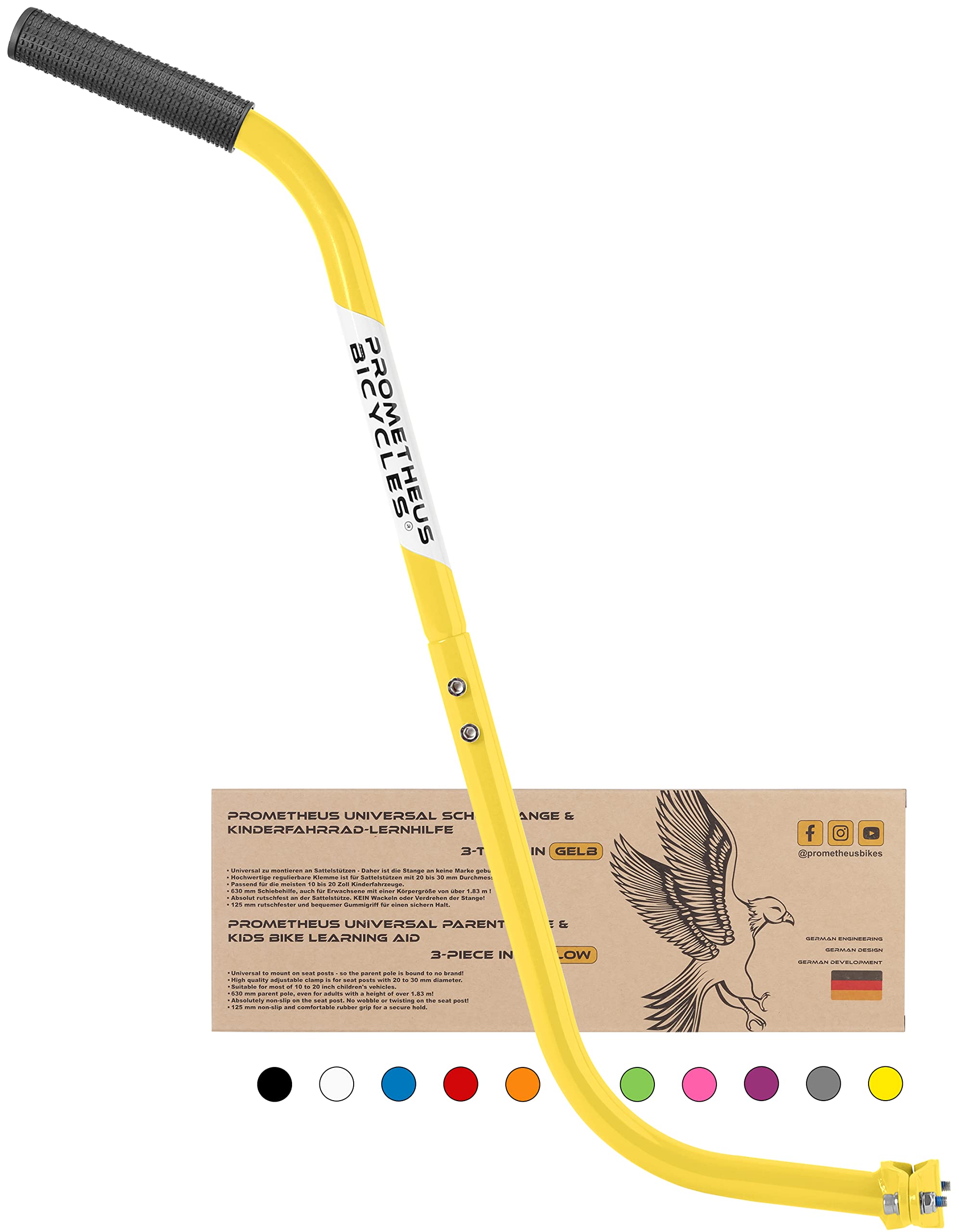PROMETHEUS BICYCLES Barra aprendizaje bicicleta niños | Barra de empuje bicicleta infantil | Palo bicicleta niño aprendizaje universal - divisible antideslizante estable (amarillo)