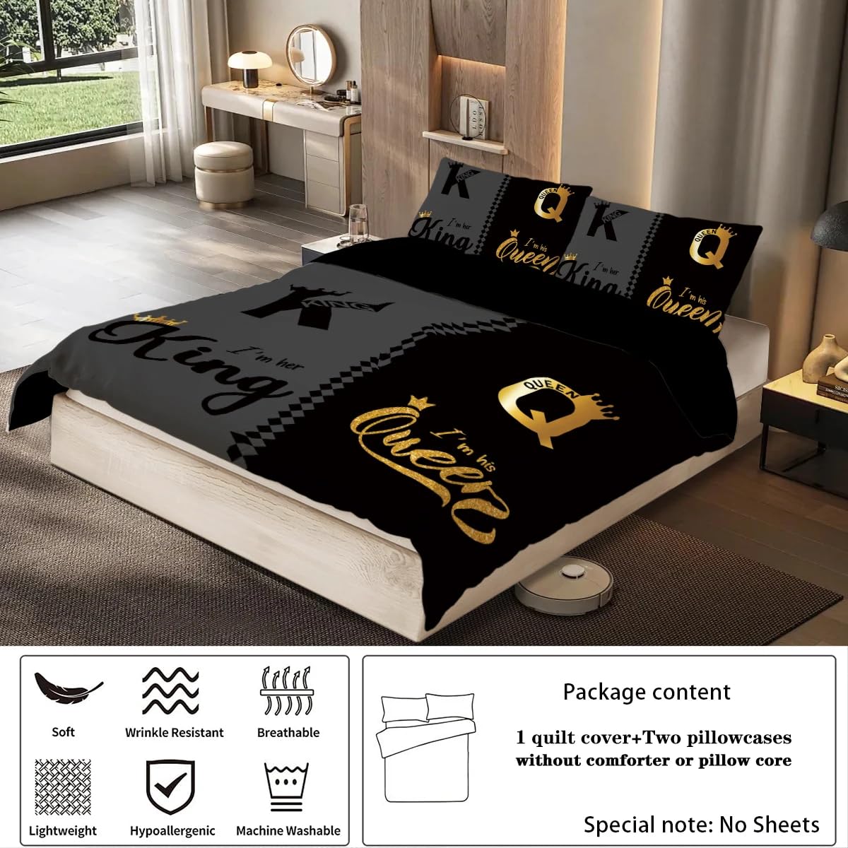 Bettbezug-Set für Queen und King-Size-Betten, Luxuriöses Pärchen-Bettwäsche 135x200 In Schwarz und Grau mit Goldenem Kronendruck und Reißverschluss, Romantischer Bettbezug Zum Valentinstag für