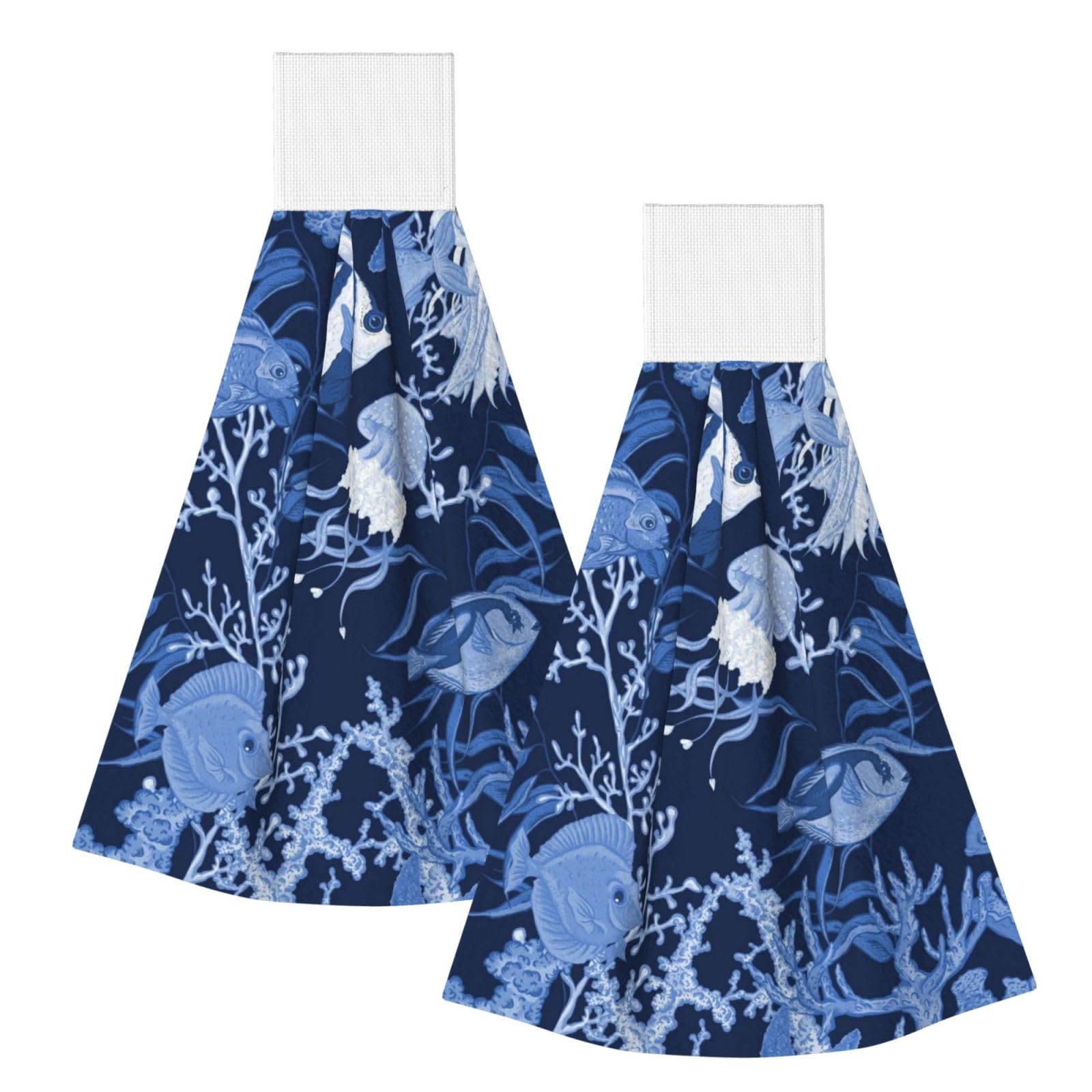 DOPKLNA Underwater Sea Pattern Printed, 2 Pcs Hanging Coral Fiber Hand Towels for Bathroom, Absorbent Kitchen Towels