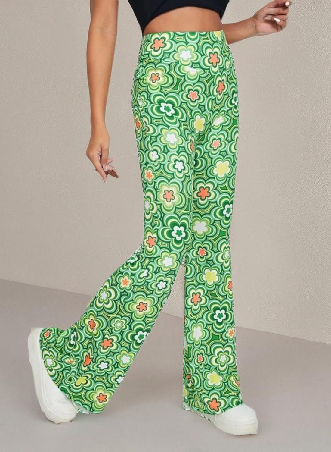 EVELUST 70er Jahre Schlaghose Für Damen – Boho 60er Hose Hippie Blumen High Waist Outfit Disco Kostüm Yogahose Leggings