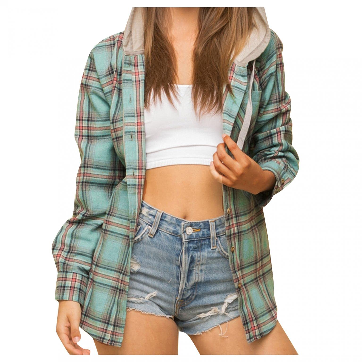 Plus Size Hooded Jacket Womens Checked Shacket With Hood Boyfriend Long Sleeve Shirt Winter Hoodie SIGOYI, XXS (SIGOYI women Jacket-2021)