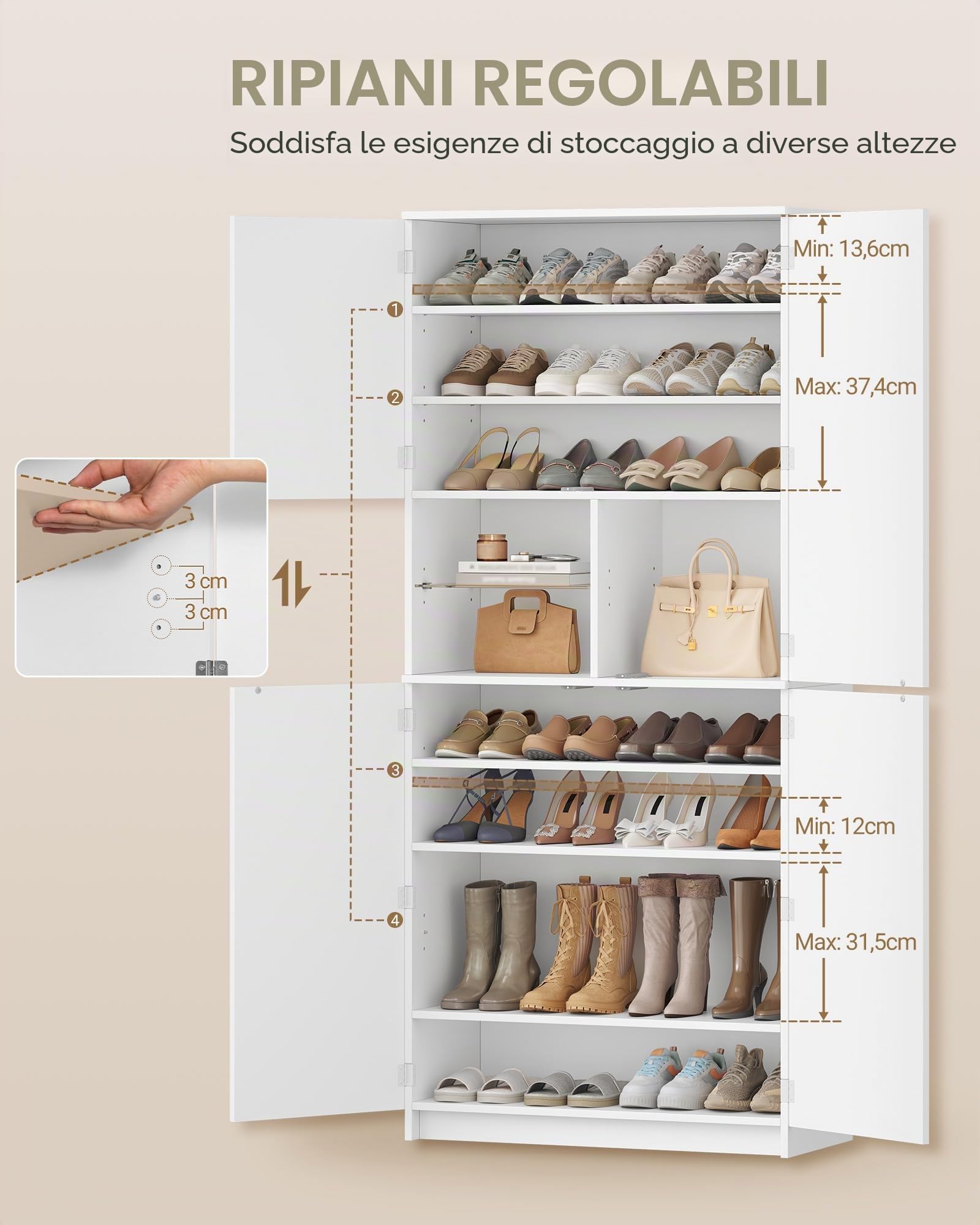 Hzuaneri Scarpiera Alta con Specchio, Mobile Ingresso per 36-40 Paia di Scarpe, Armadietto Salvaspazio con Meccanismo Push-to-Open, Ripiani Regolabili, 2 Ganci e Vano Aperto, 36x80x180 cm, Bianco