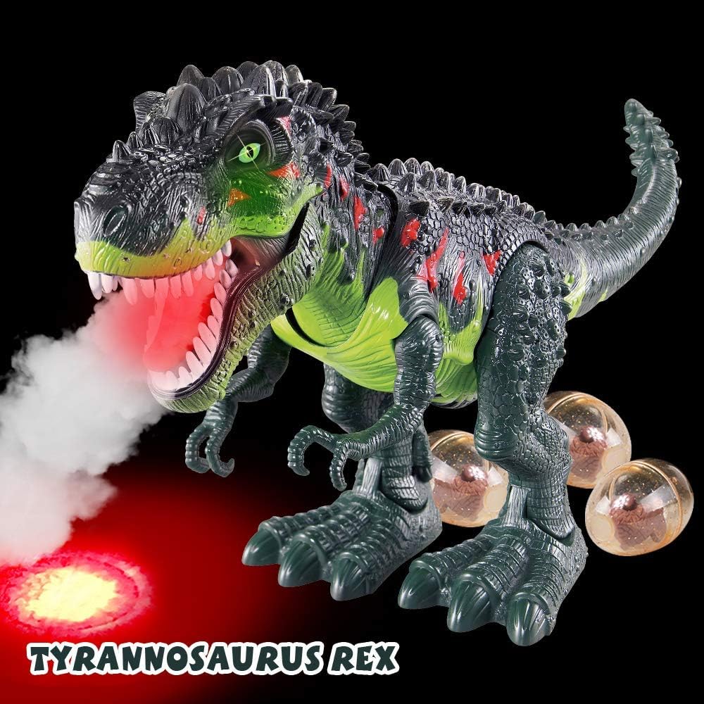 Electronic Walking T-Rex: Flame Spray, Water Mist, Laying Eggs, Light Up Eyes, Roaring Sound, Realistic Toy for Kids 3+