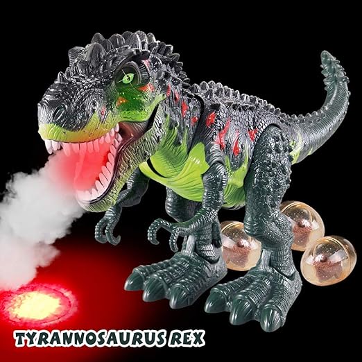 Electronic Walking T-Rex: Flame Spray, Water Mist, Laying Eggs, Light Up Eyes, Roaring Sound, Realistic Toy for Kids 3+
