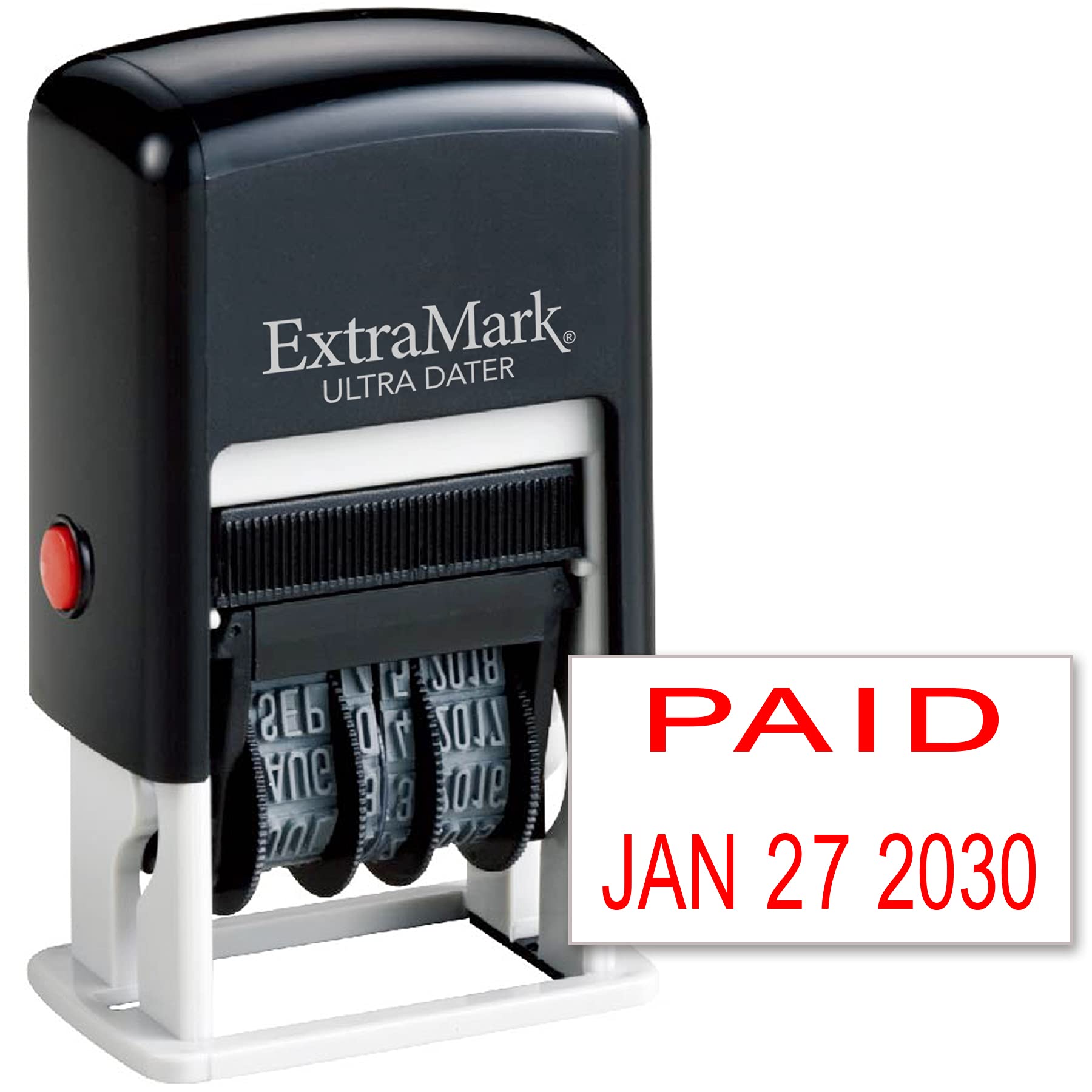 Extramark Red Self-Inking Rubber Date Office Stamp With Paid Phrase & Date - Ink (Ultra Dater Ii), 12-Year Band