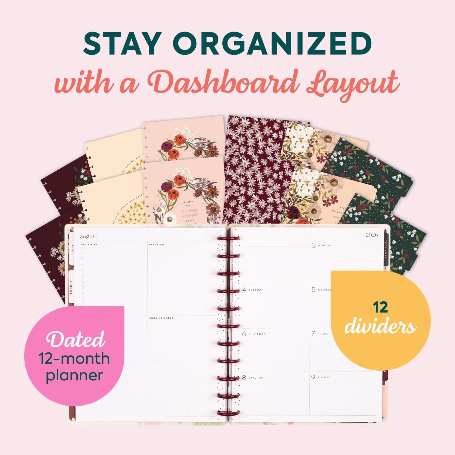 Happy Planner Disc-Bound Planner July 2026–June 2027, Includes 3 Extra Months and 2 Sticker Sheets, Big Size, 8.5" x 11", Horizontal Layout, Wildflower Whimsy