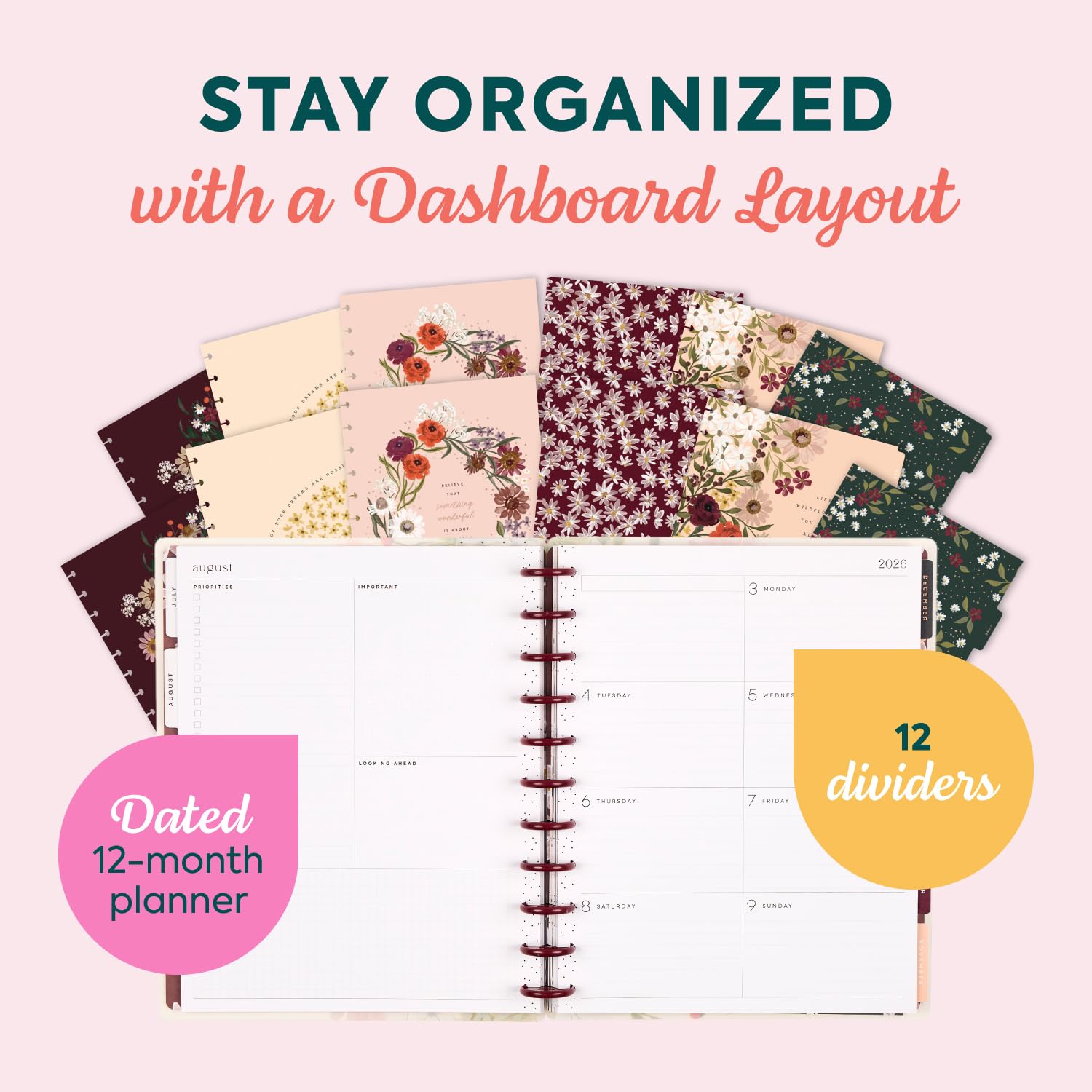 Happy Planner - Planificador encuadernado en disco de julio de 2026 a junio de 2027, tamaño grande | Incluye 3 meses adicionales y 2 hojas de calcomanías, 8.5 x 11 pulgadas, diseño de salpicadero, tema de flores silvestres