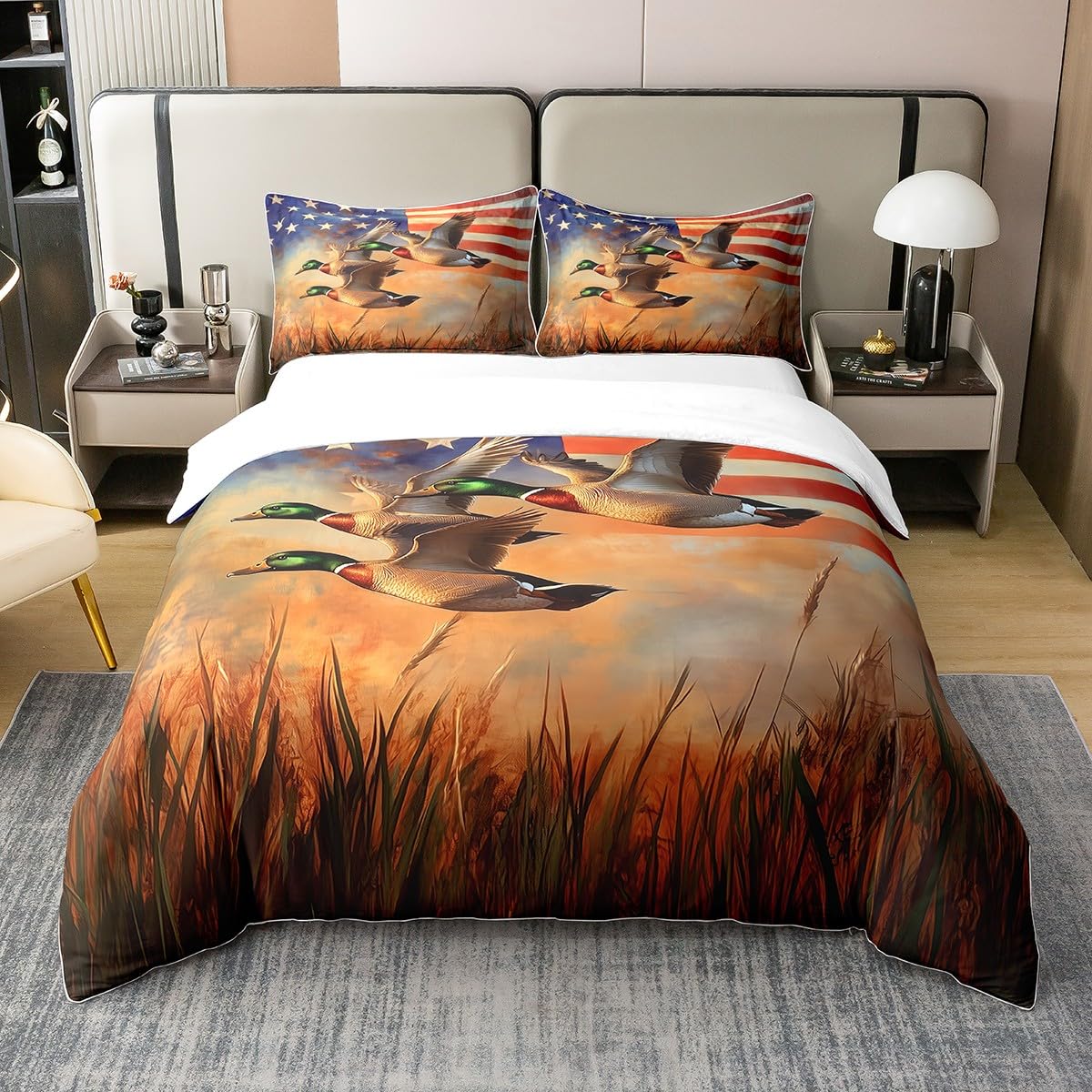 3PCS Autumn Fall Duvet Cover Super King Size,Retro Wild Duck Comforter Cover,2 Pillowcases,Farmhouse American Flag Print Wild Birds Bedding Set for Kids Bedroom Decor,Not Comforter