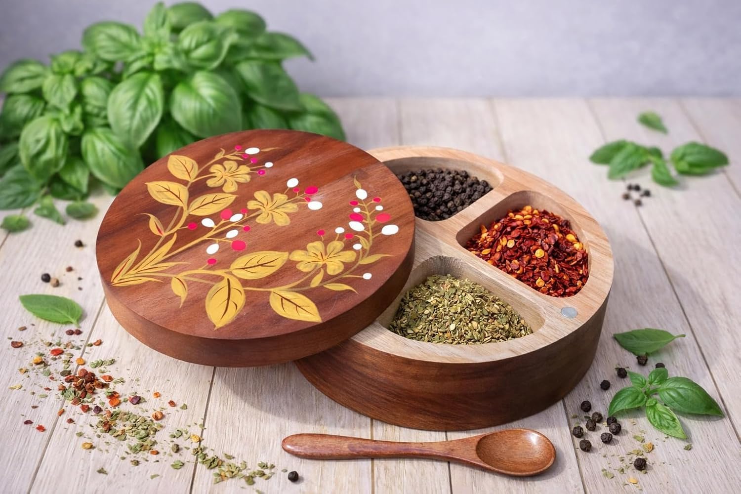 Round Teakwood Spice Box with 4 Compartments, Hand-Painted Lid, Magnetic Sliding Cover, 6 Inch, Includes Wooden Spoon