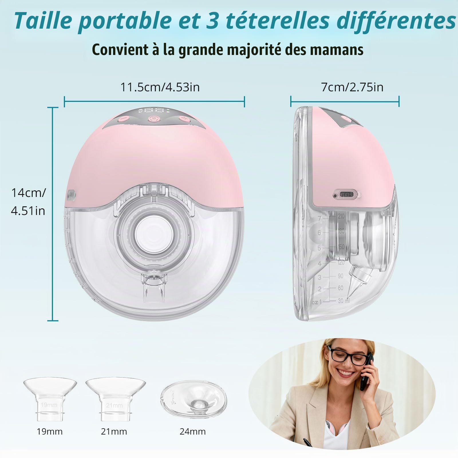Tire-Lait Électrique Double, 210 ml, 4 Modes, Rose, 2 Pièces | Double pompage, 12 niveaux, écrans LED, recharge USB-C et tailles 19/21/24 mm pour gagner un temps précieux au quotidien