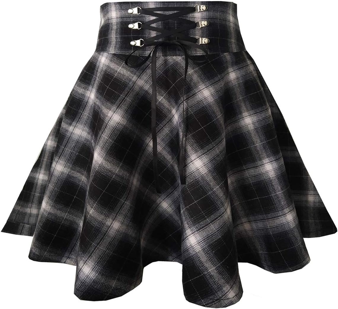 TONCHENGSD Women's Gothic Plaid Skirt High Waisted A-line Flare Mini Skirt