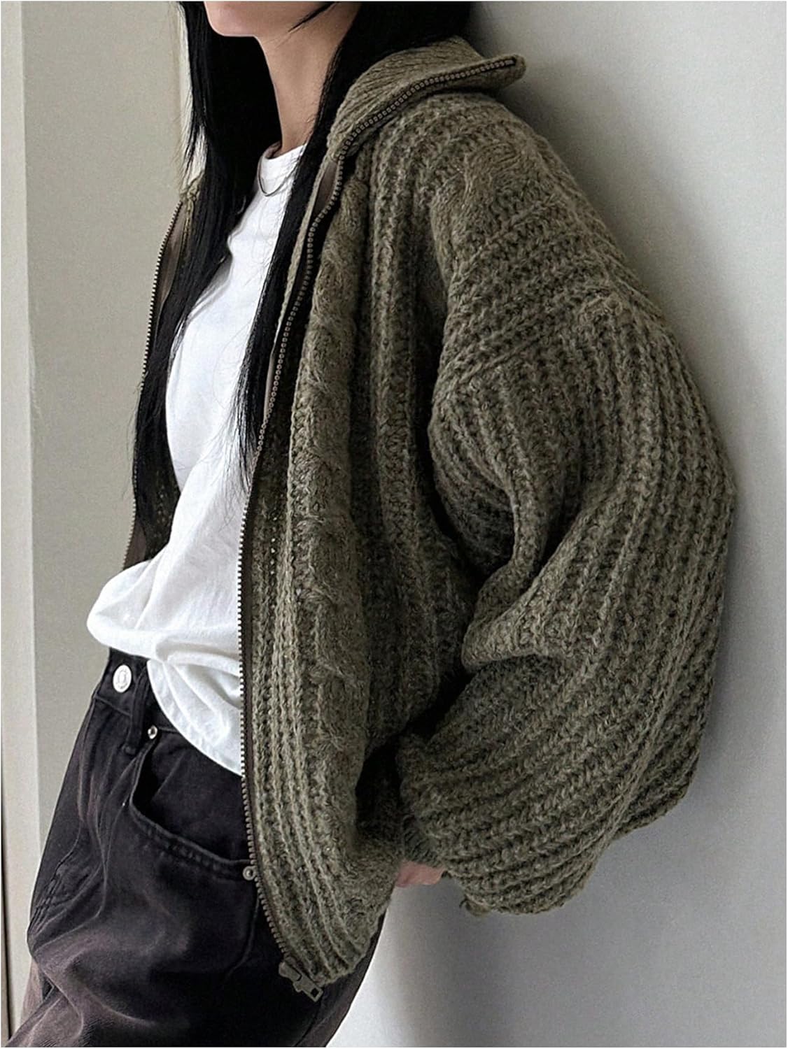 OYOANGLE Women's Zip Up Cable Knit Cardigan Sweater Long Sleeve Oversized Knitwear Tops - Image 2